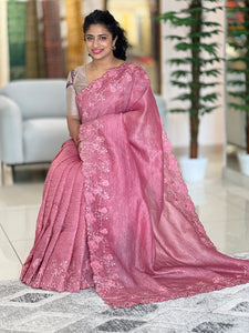 Embroidery Bordered Crushed Tissue Organza Saree | SBP299