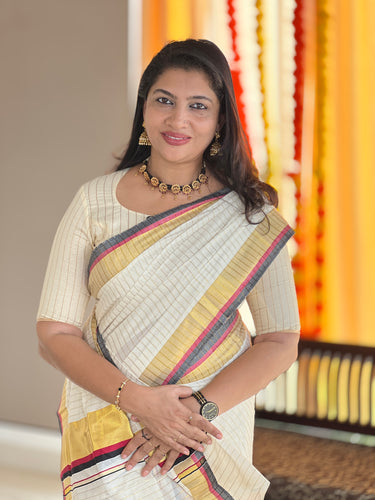 Zari Stripe Weaving Patterned Kerala Cotton Set Mundu | RAV111