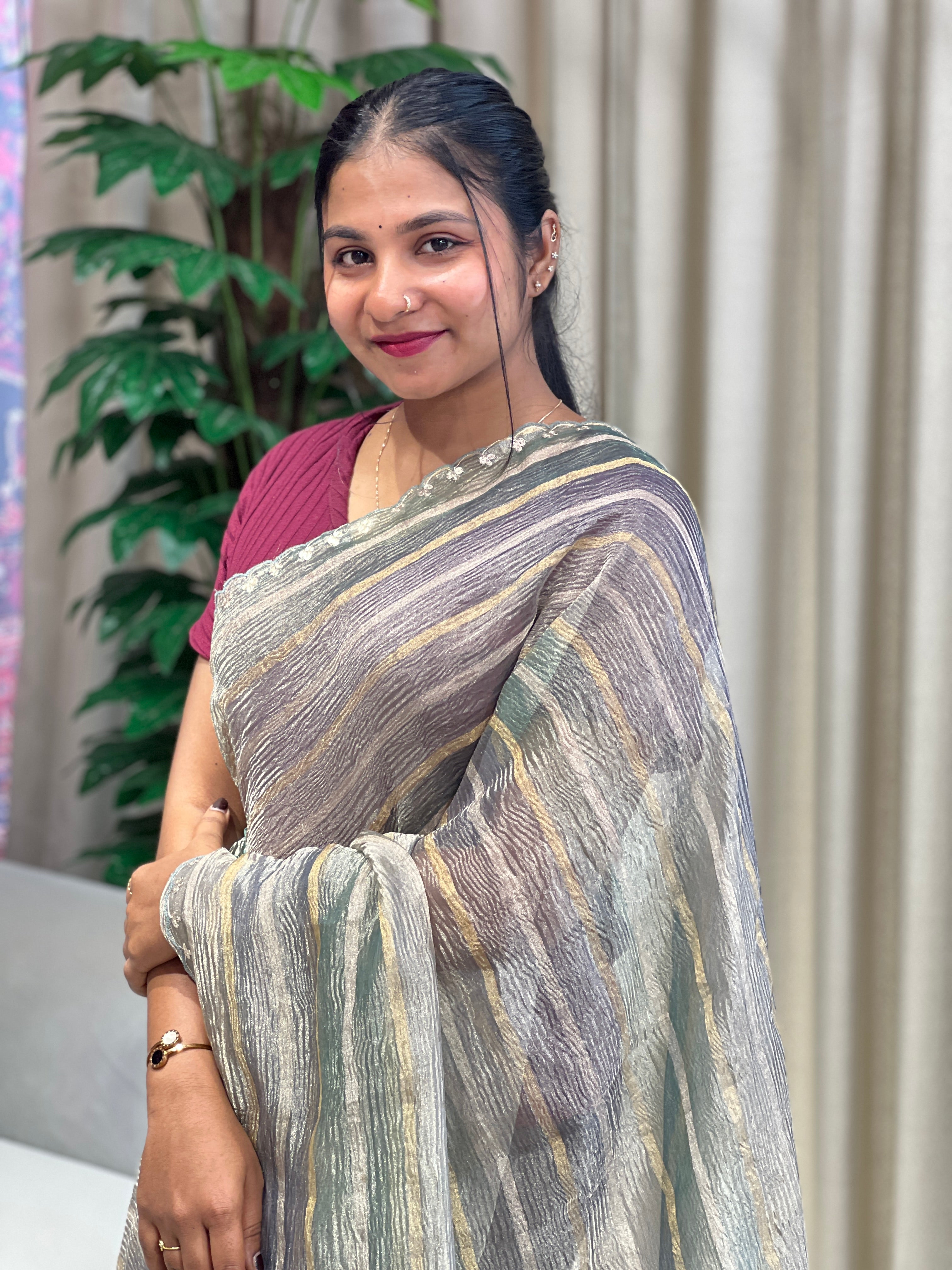 Floral Cross Stitch Embroidery Crushed Tissue Organza Saree | RGD993R