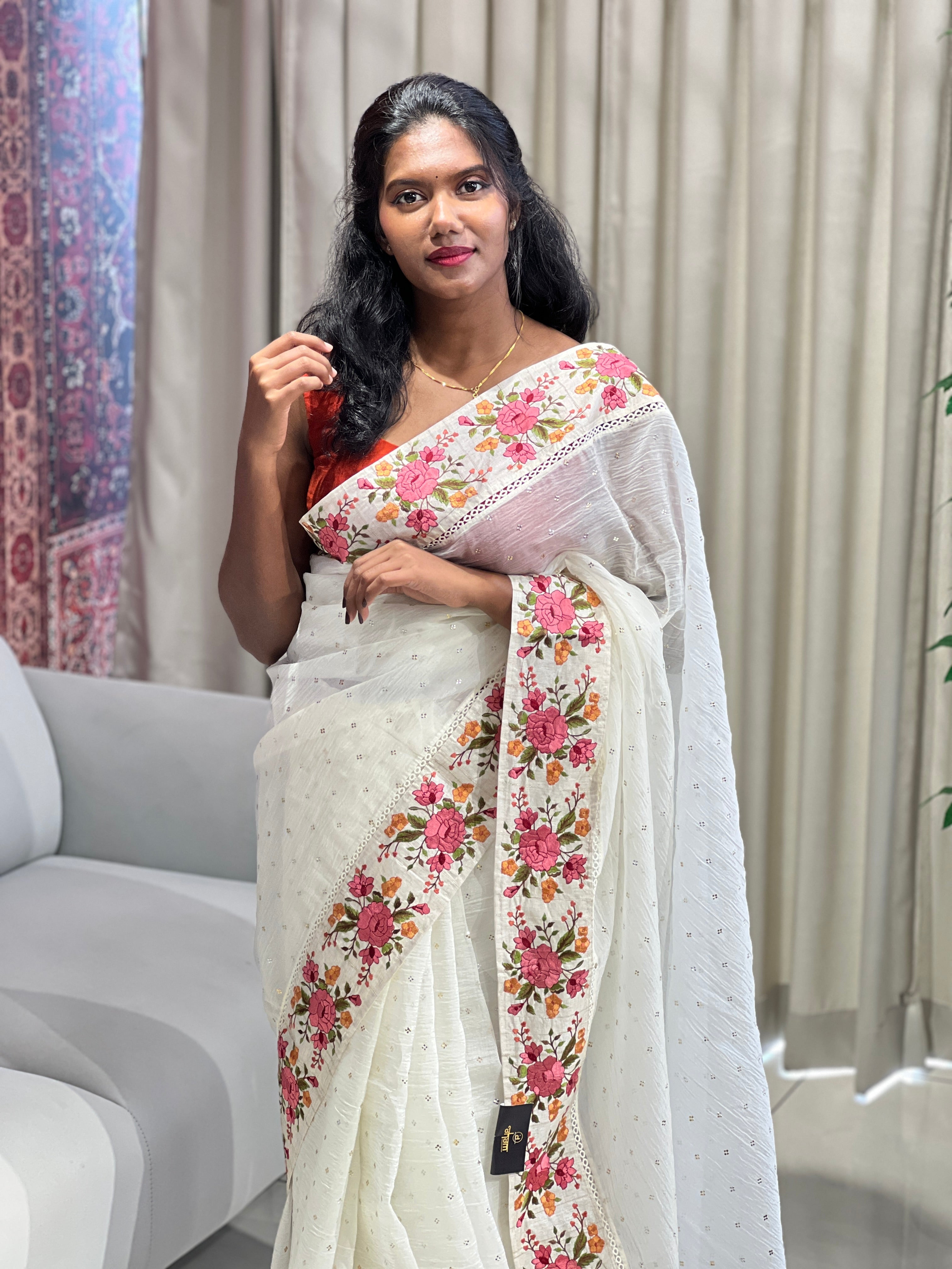 Mukaish Work Detailed Crushed Organza Saree | SUN573