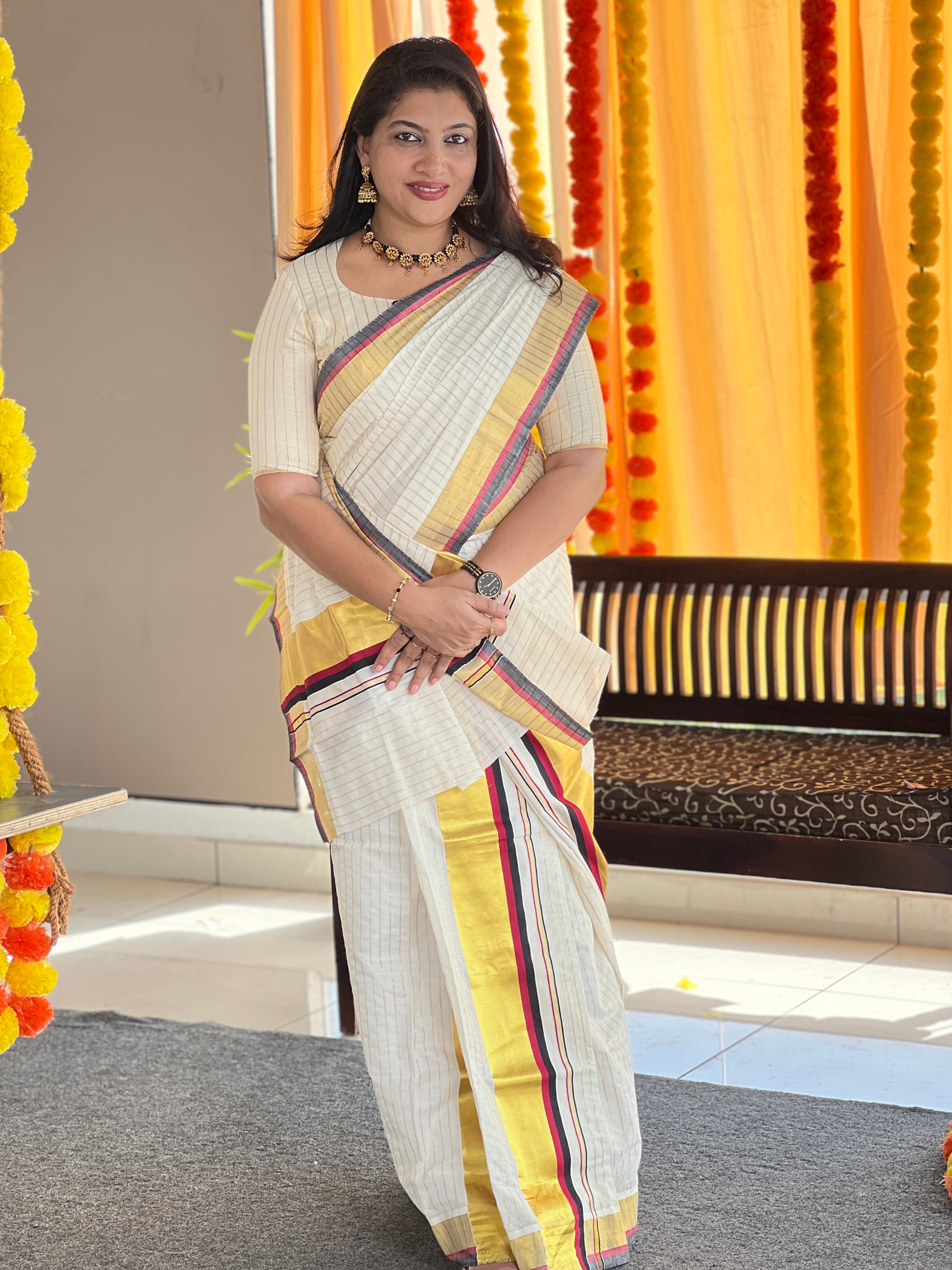 Zari Stripe Weaving Patterned Kerala Cotton Set Mundu | RAV111