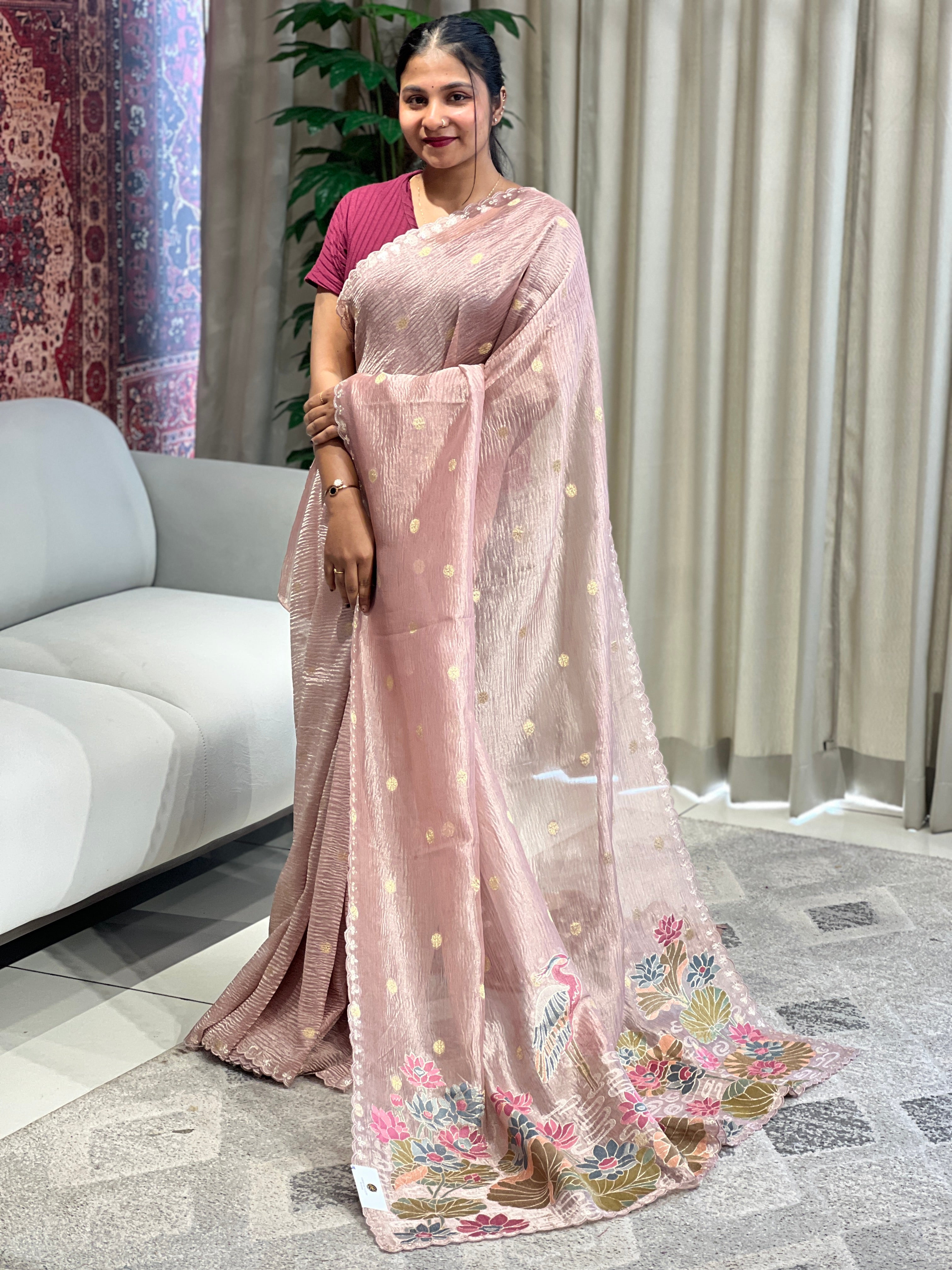 Floral Cross Stitch Embroidery Crushed Tissue Organza Saree | RGD994R