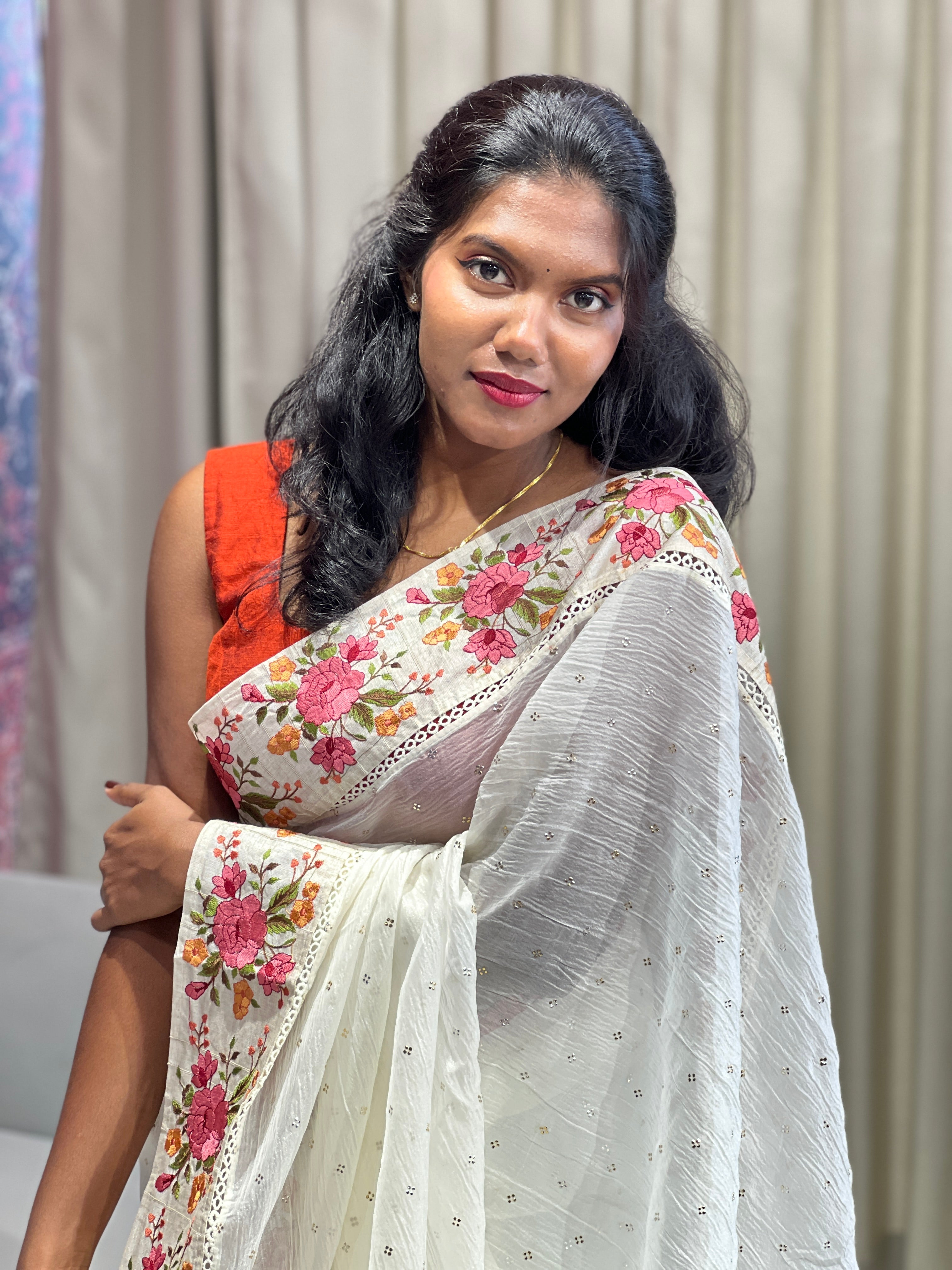 Mukaish Work Detailed Crushed Organza Saree | SUN573