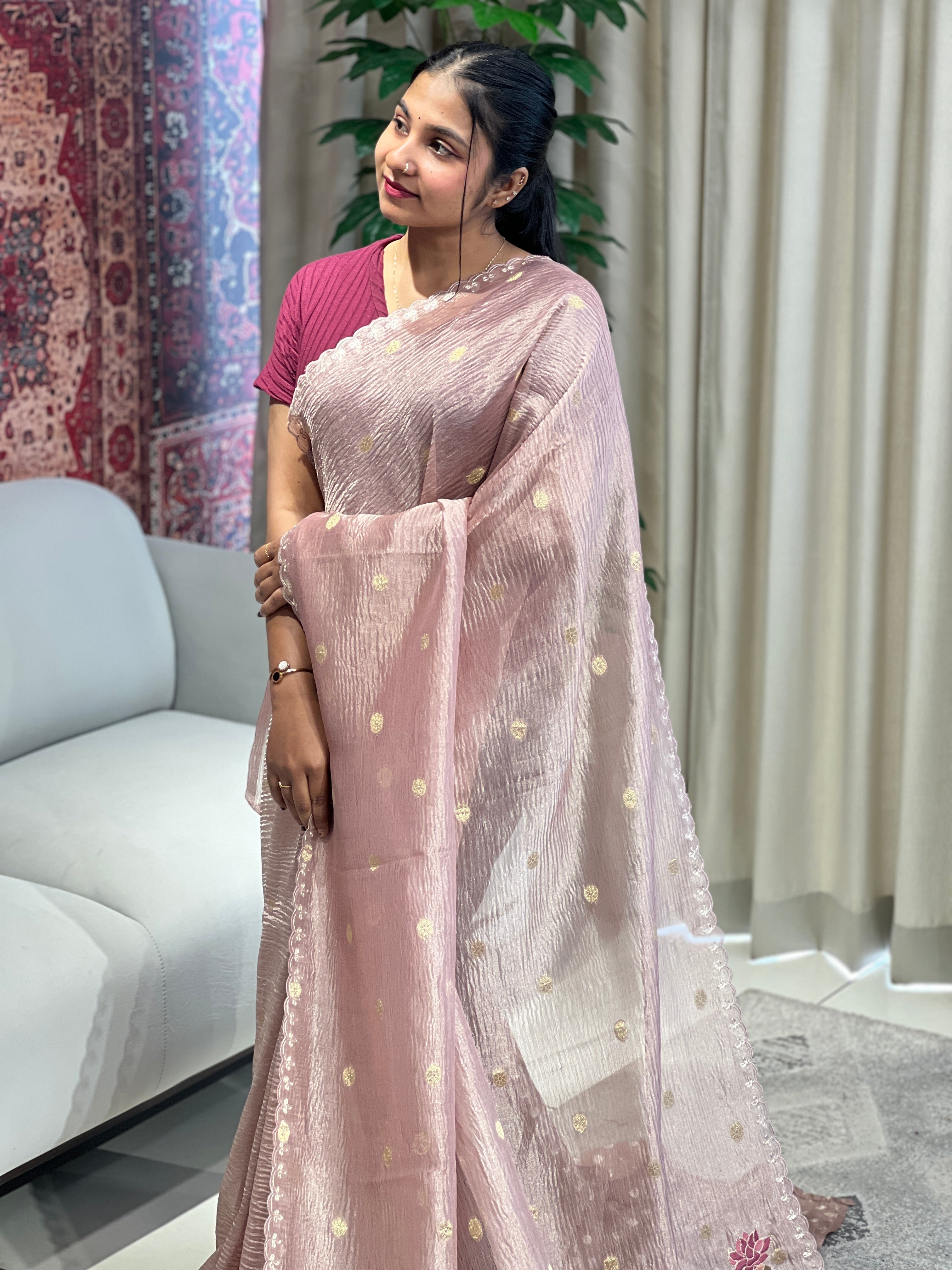 Floral Cross Stitch Embroidery Crushed Tissue Organza Saree | RGD994R