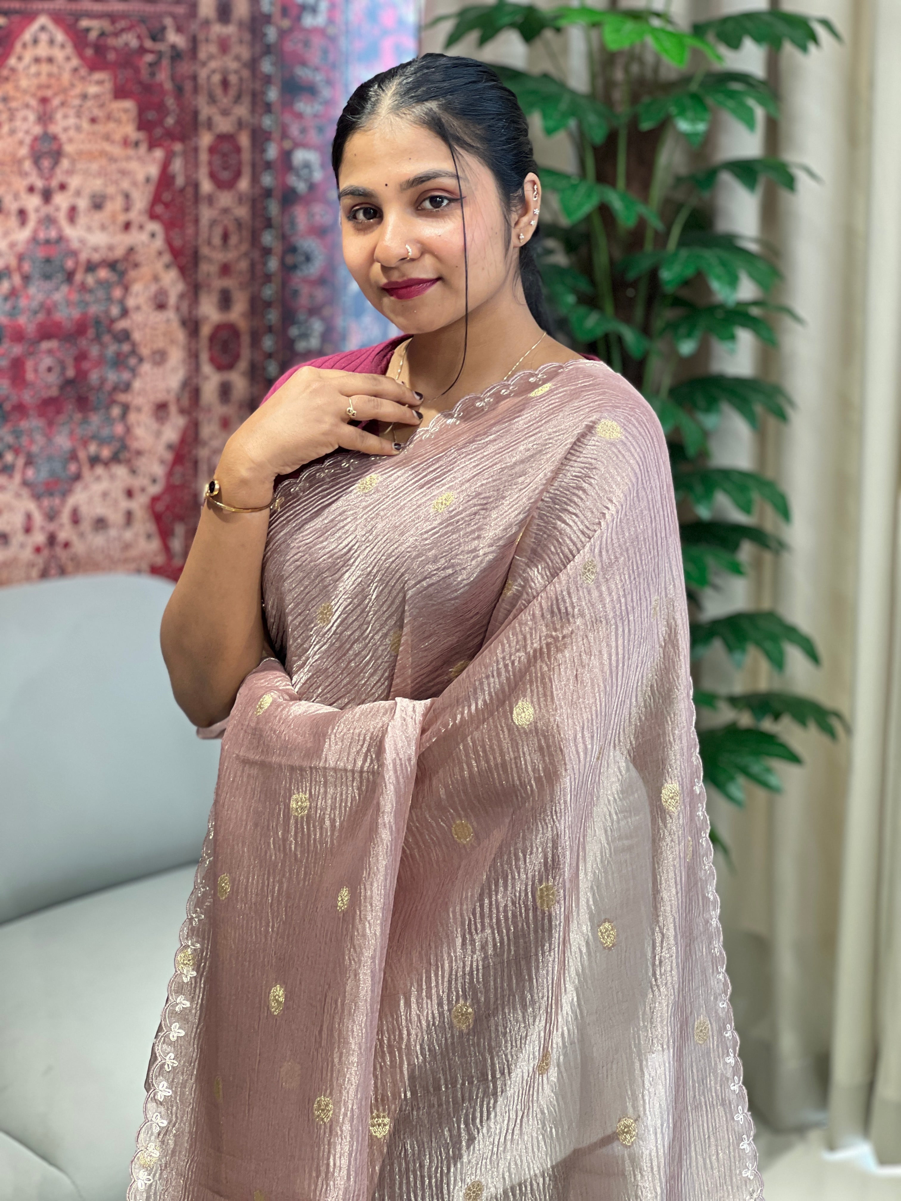 Floral Cross Stitch Embroidery Crushed Tissue Organza Saree | RGD994R