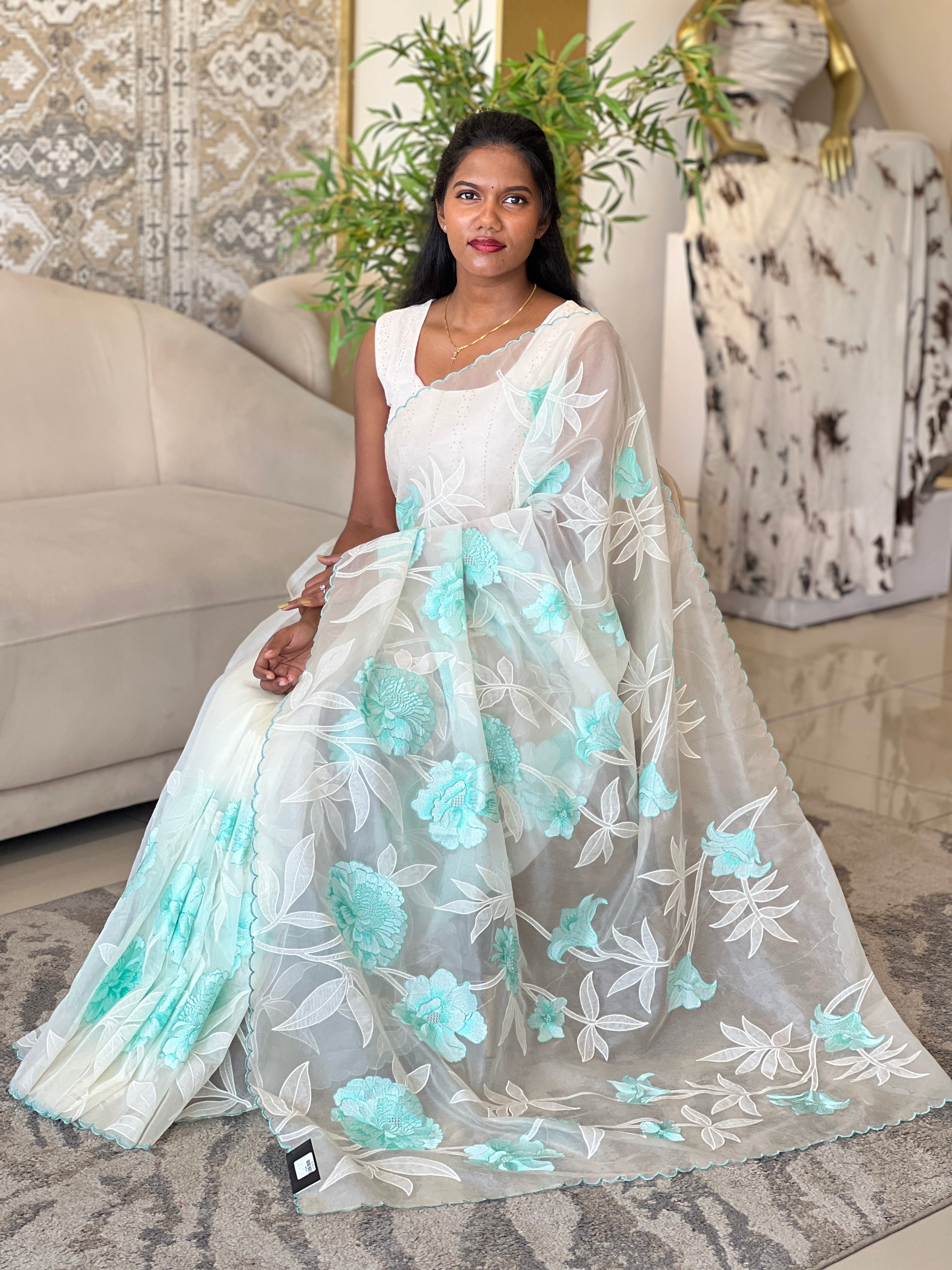 Applique Work & Embroidery Detailed Organza Saree | MM154