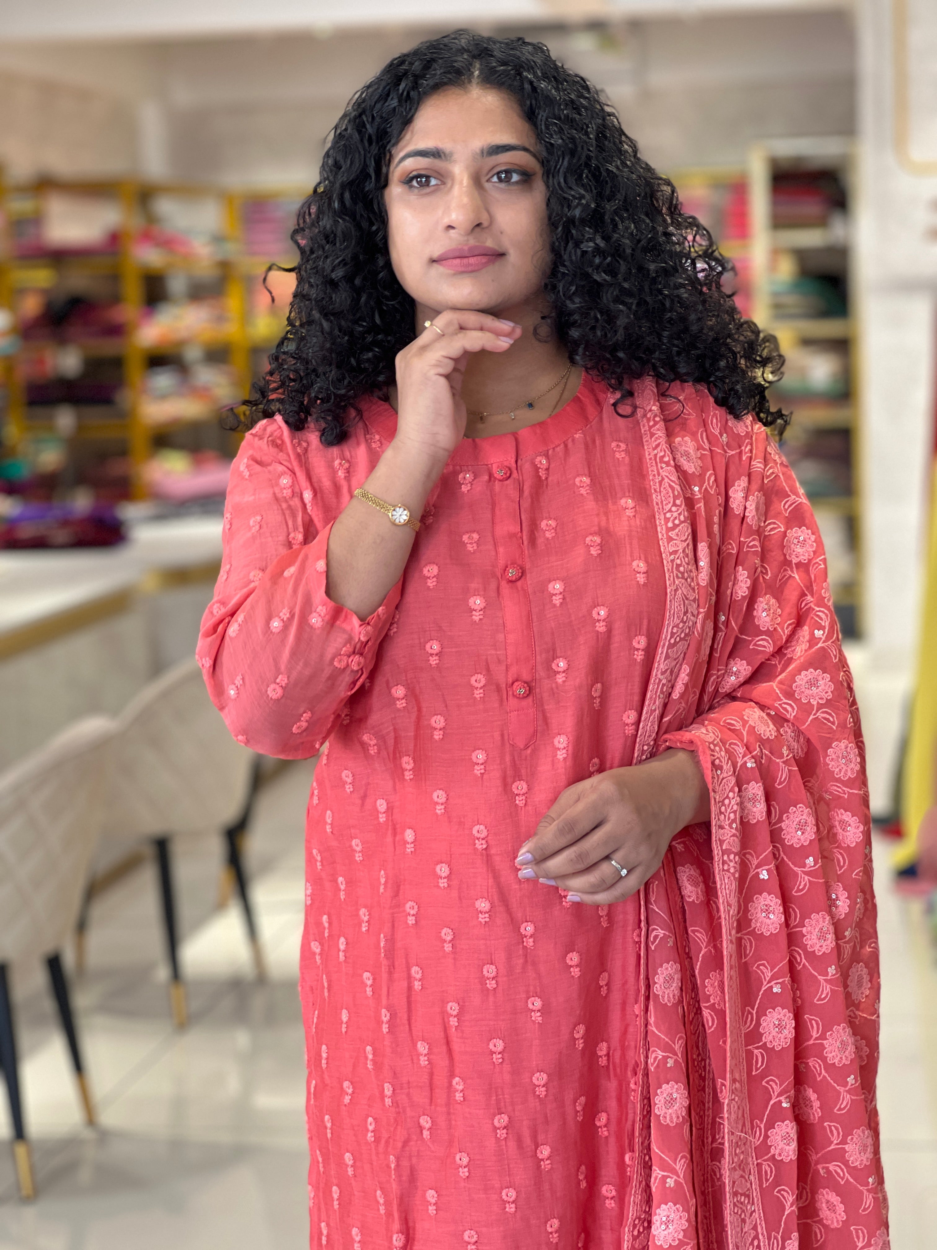 Floral Embroidered Chanderi Kurta Set | SFT106