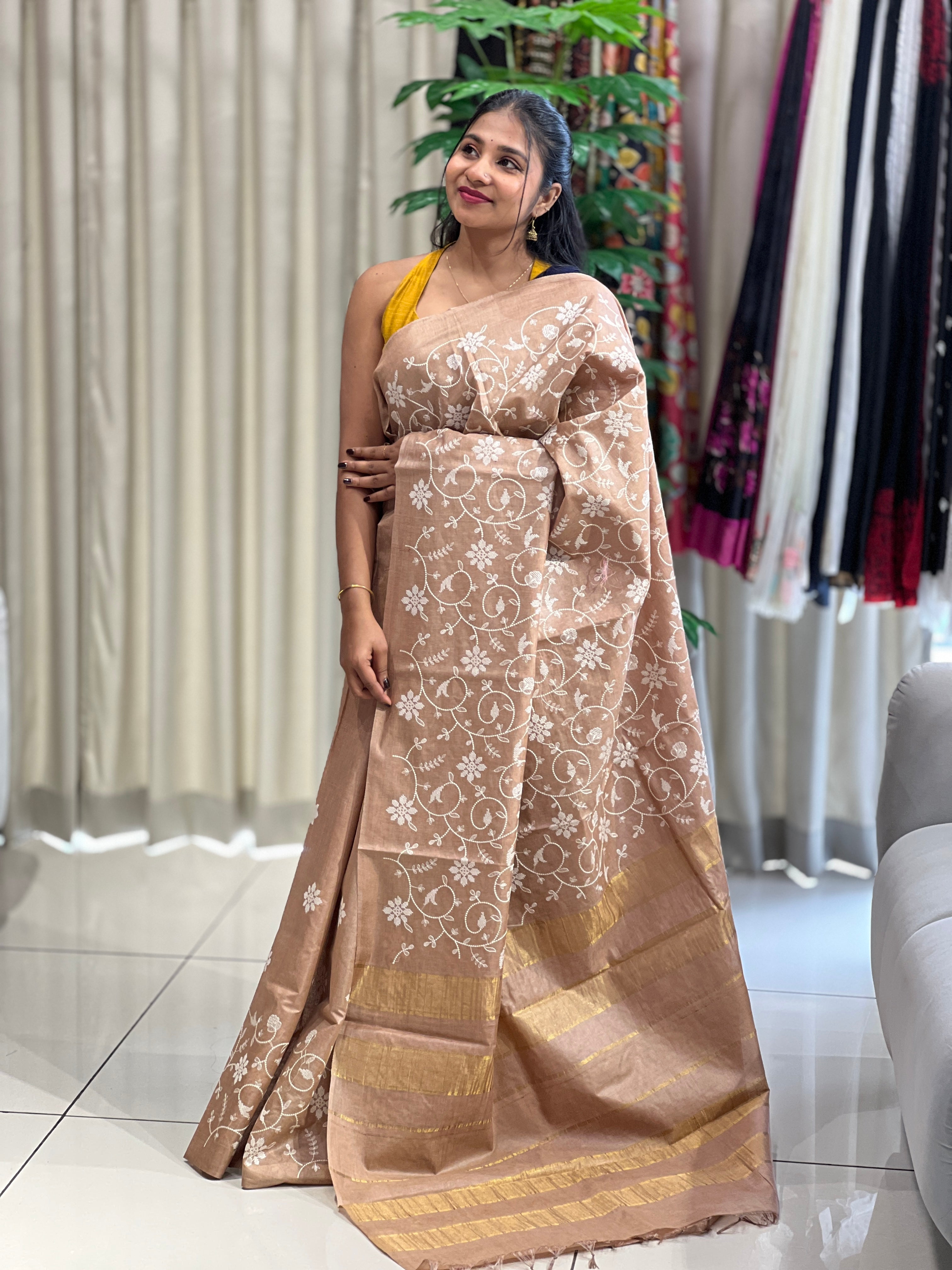 Floral Cross Stitch Embroidery Detailed Tussar Saree | HS1298