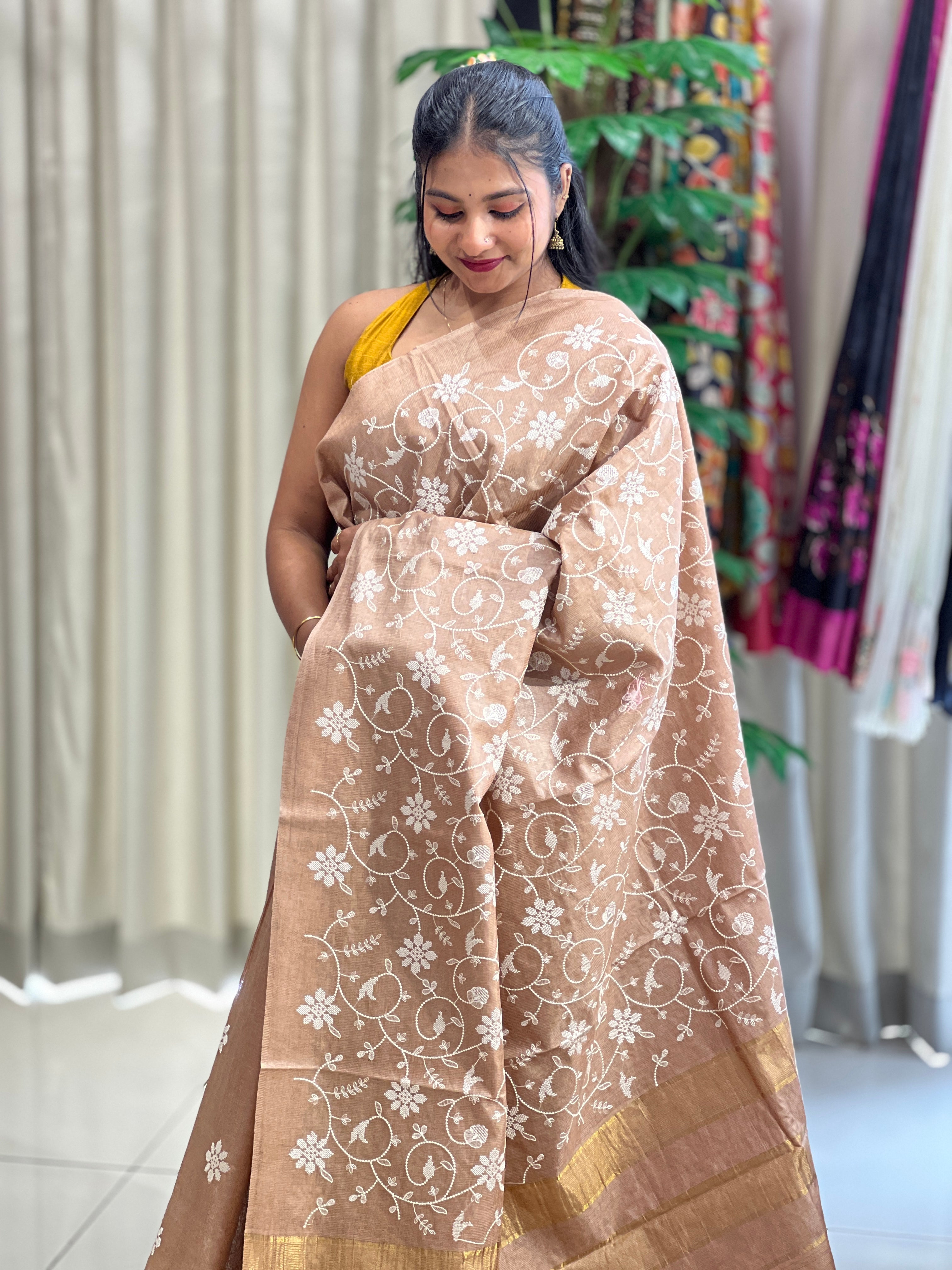 Floral Cross Stitch Embroidery Detailed Tussar Saree | HS1298