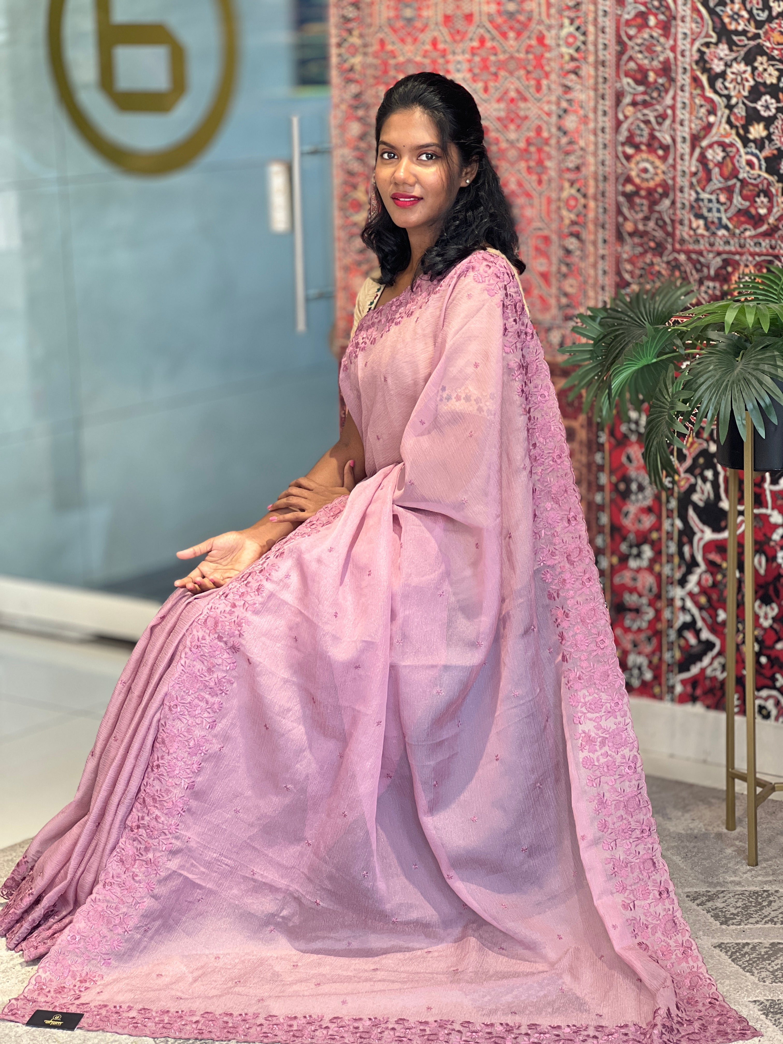 Embroidery Border Detailed Crushed Organza Saree | SBP722