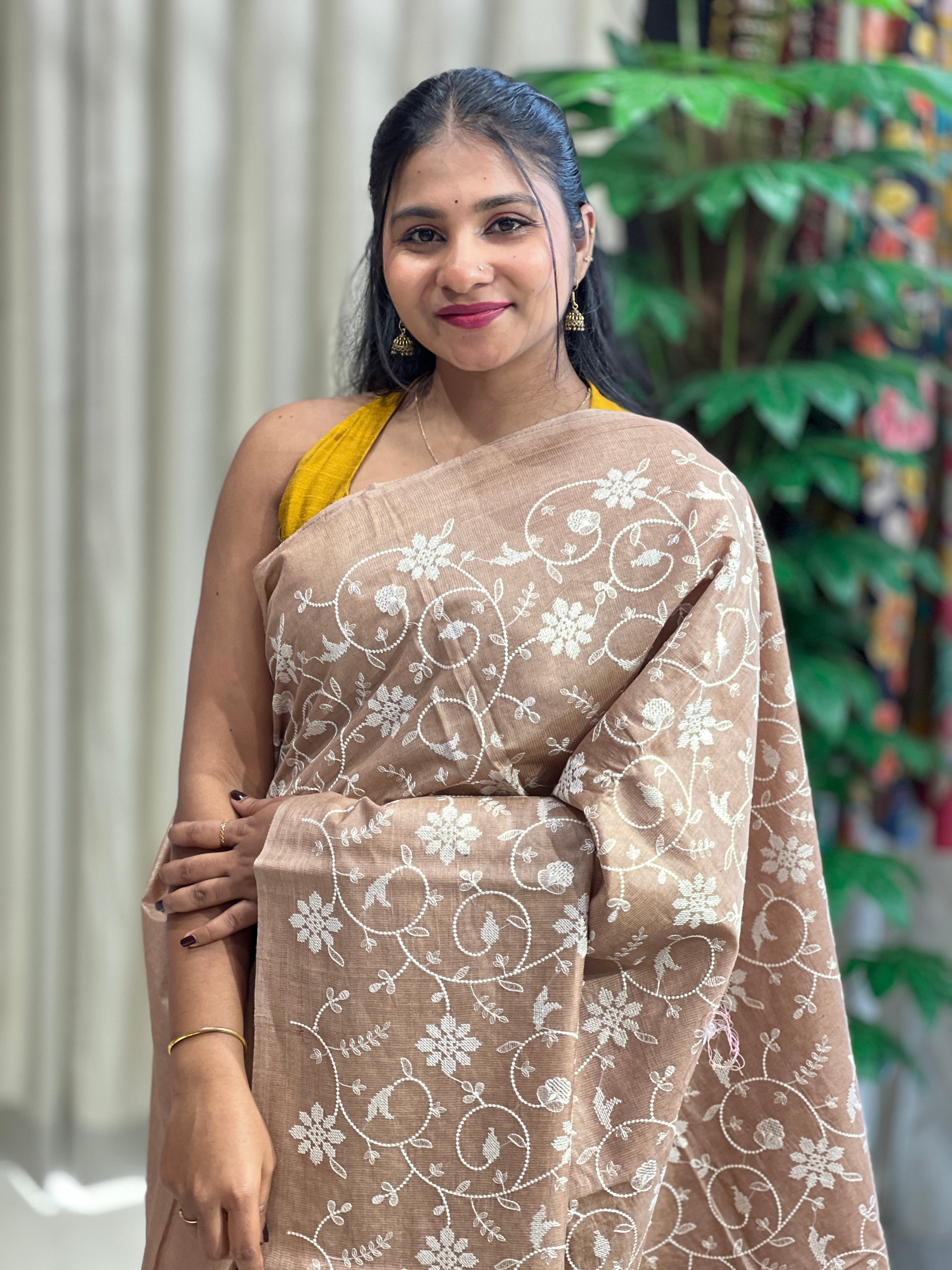 Floral Cross Stitch Embroidery Detailed Tussar Saree | HS1298