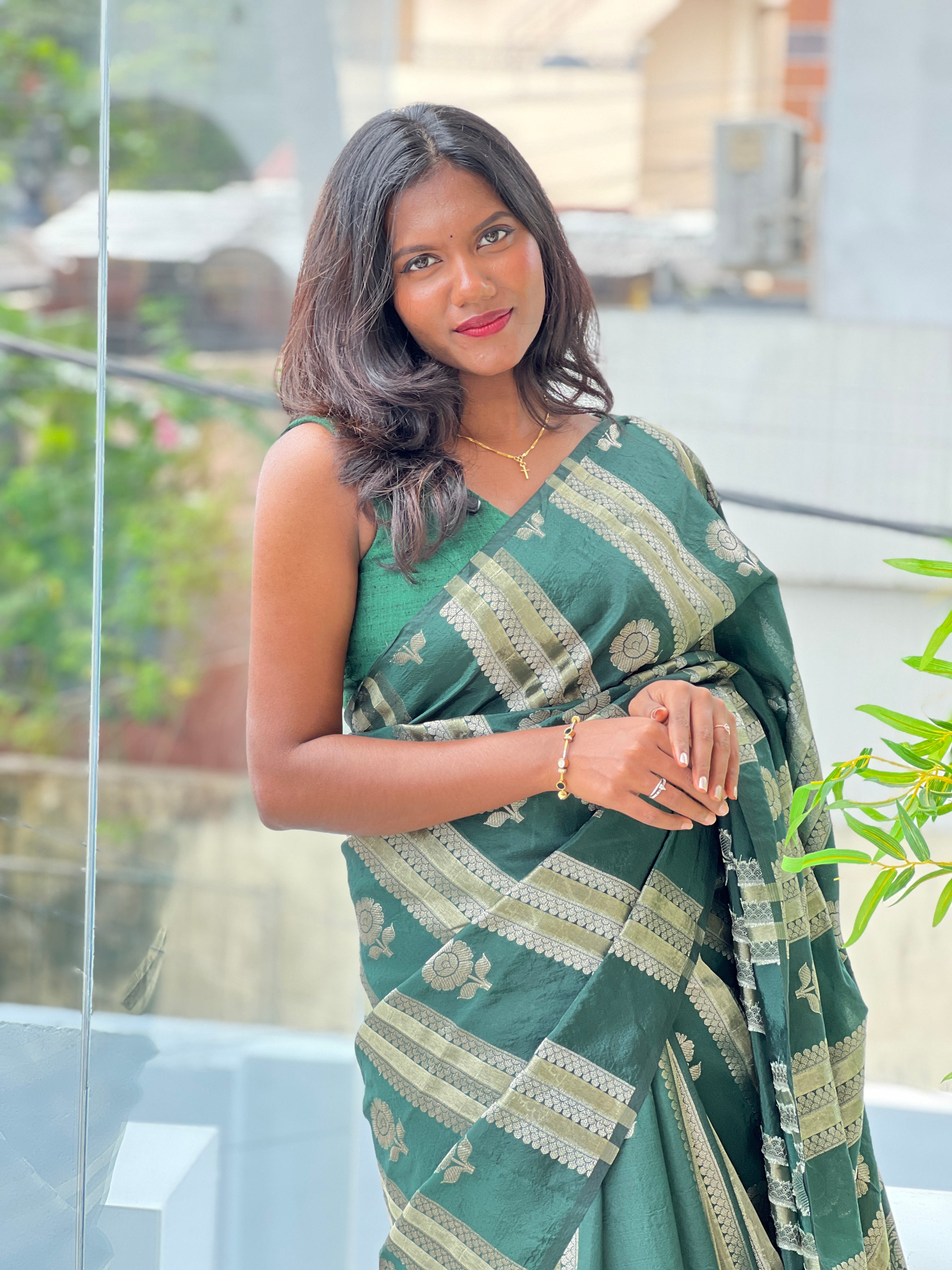 Stripe Zari Woven Semi Silk Saree | MB162