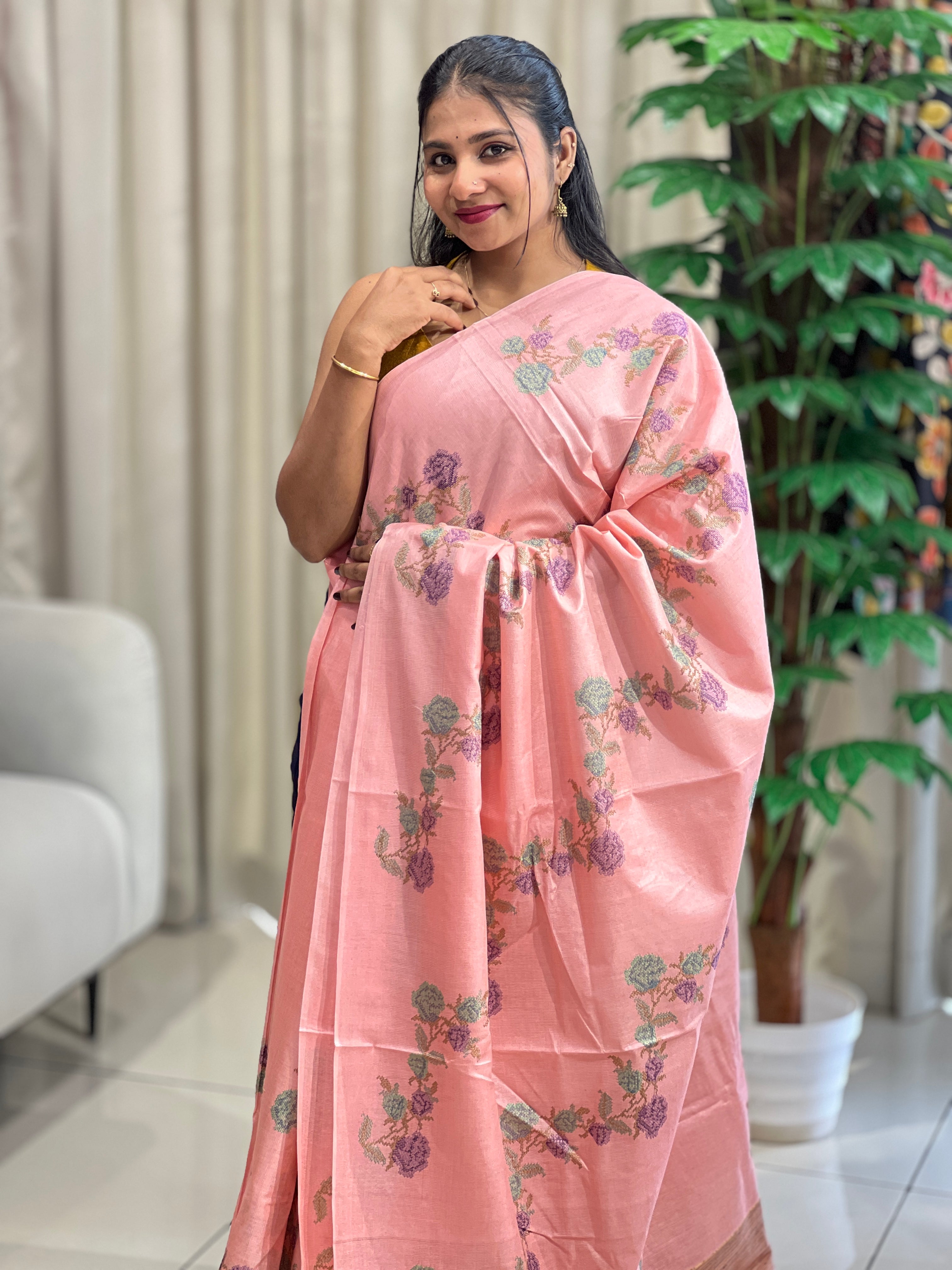 Floral Cross Stitch Embroidery Detailed Tussar Saree | HS1300