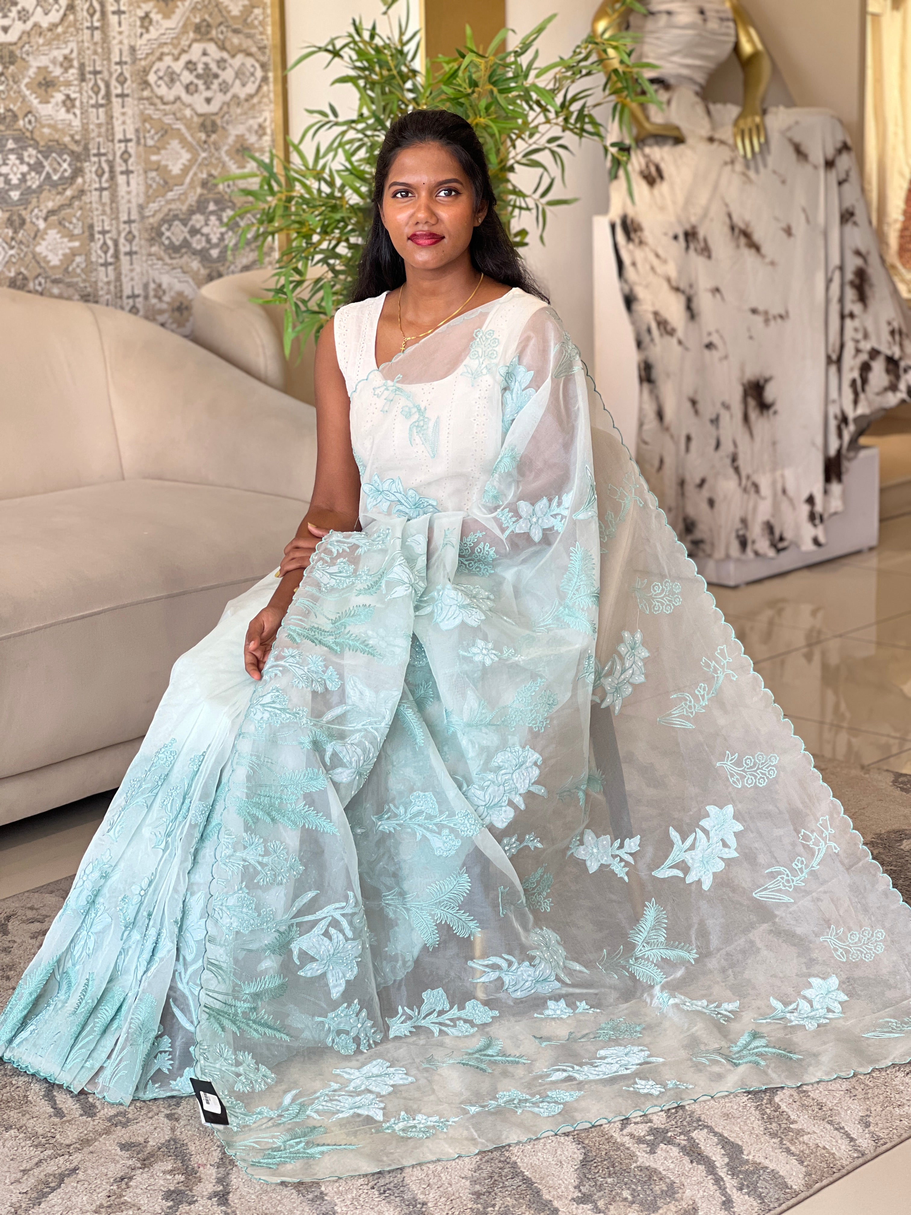 Floral Machine Embroidery And Applique Work Detailed Organza Saree | MM172