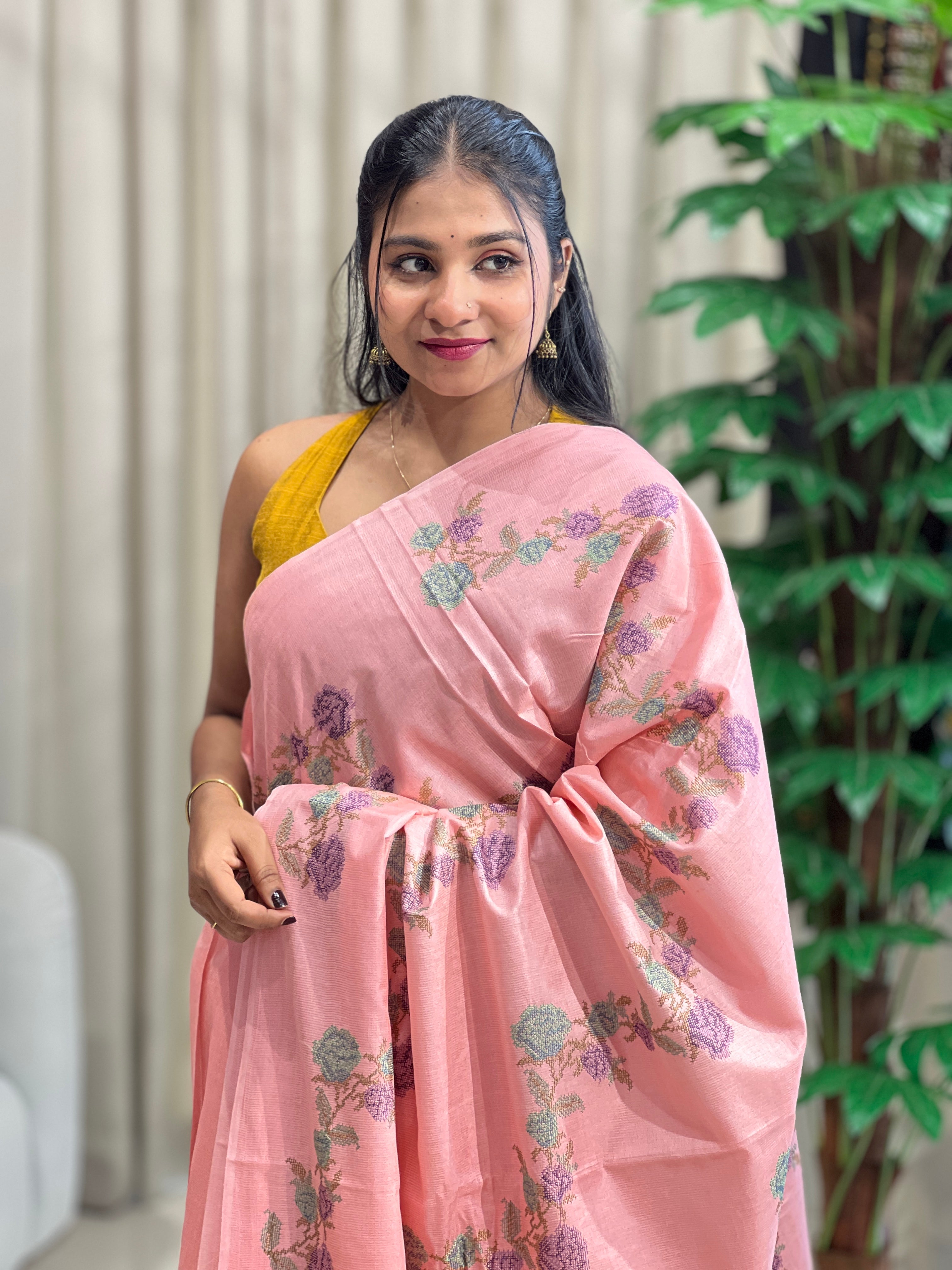 Floral Cross Stitch Embroidery Detailed Tussar Saree | HS1300