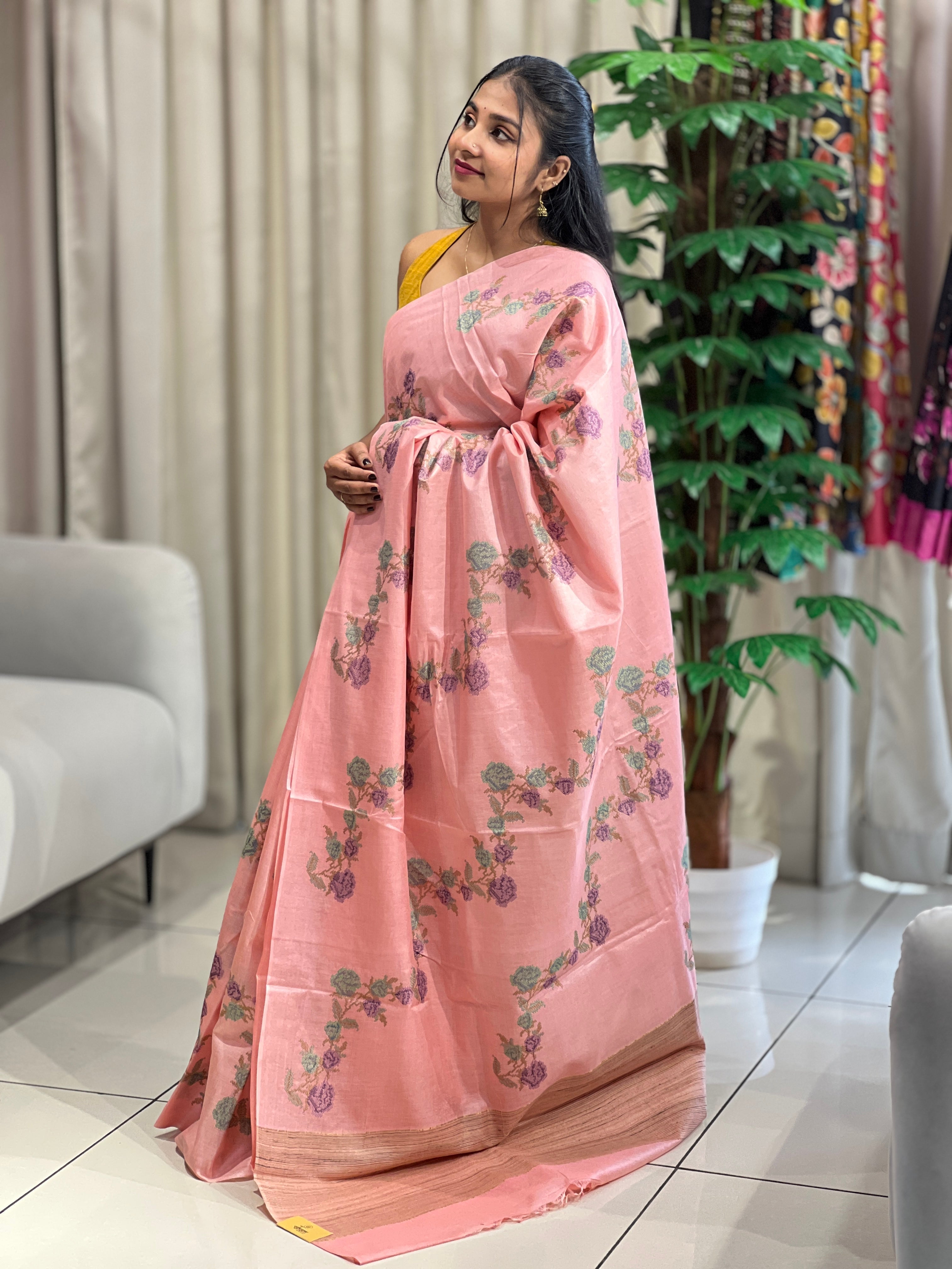 Floral Cross Stitch Embroidery Detailed Tussar Saree | HS1300