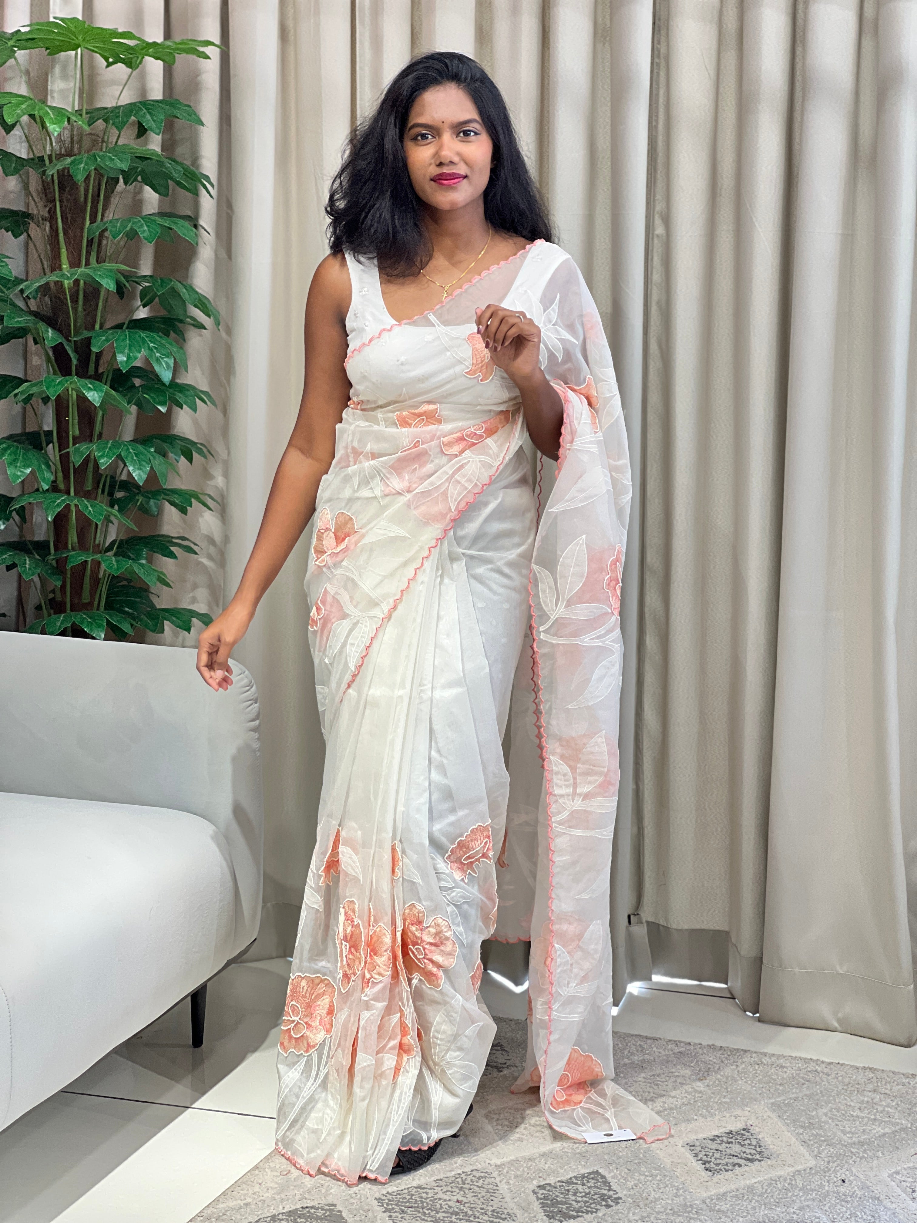 Floral Applique With Sugar Beads Highlighted Organza Saree | MM273