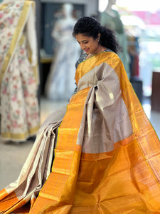 Gray and Yellow Color Traditional Soft Silk Kanchipuram Saree | AK123