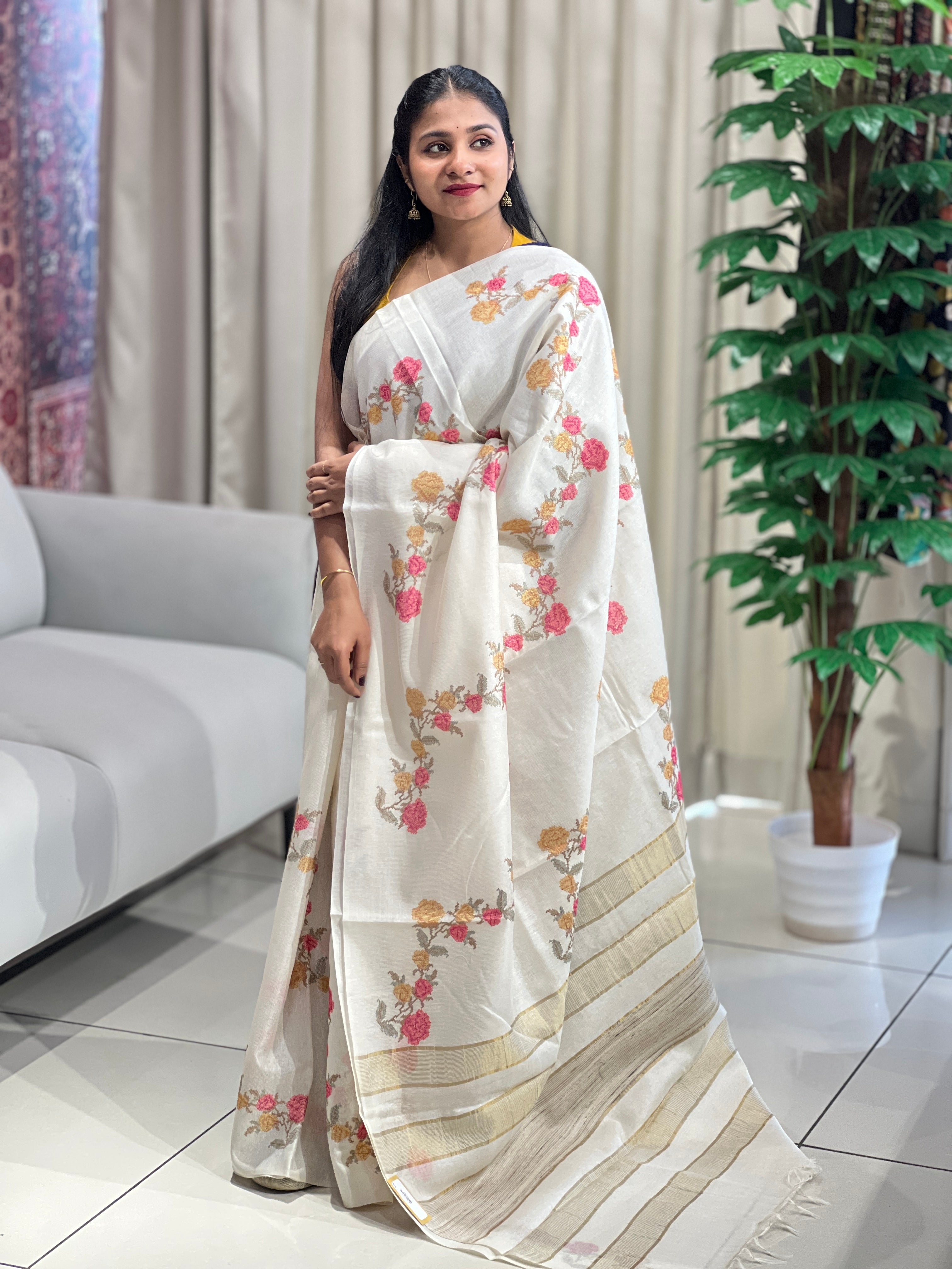 Floral Cross Stitch Embroidery Detailed Tussar Saree | HS1287