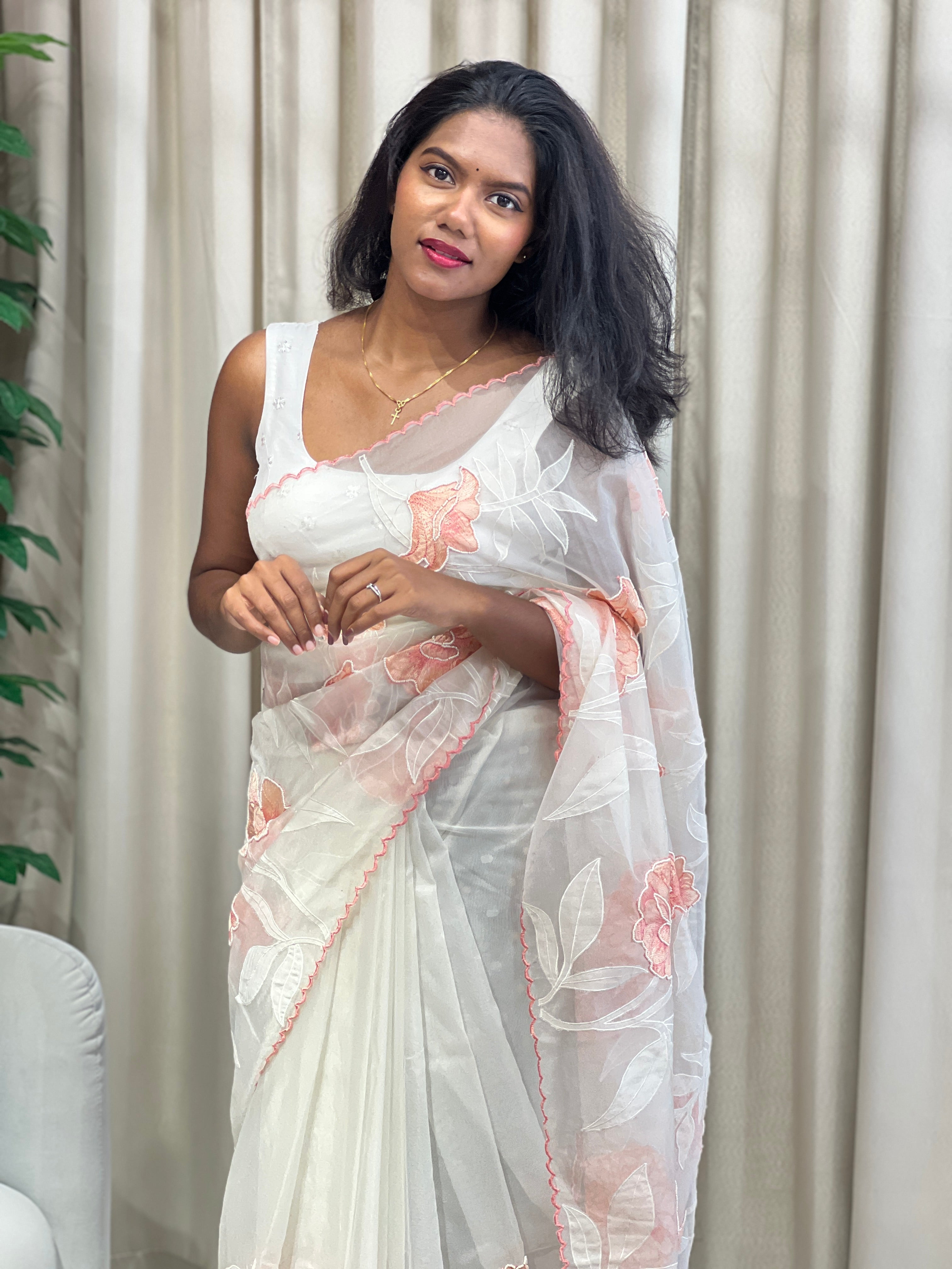 Floral Applique With Sugar Beads Highlighted Organza Saree | MM273