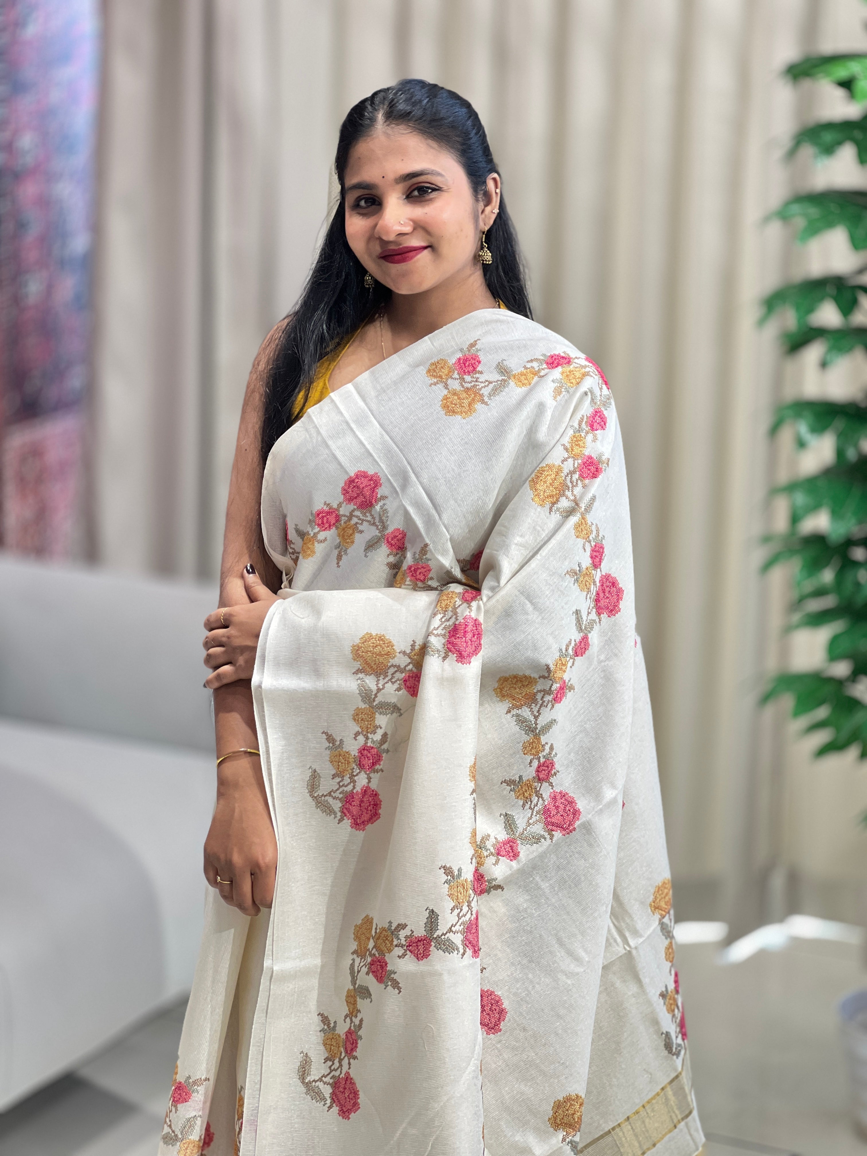Floral Cross Stitch Embroidery Detailed Tussar Saree | HS1287