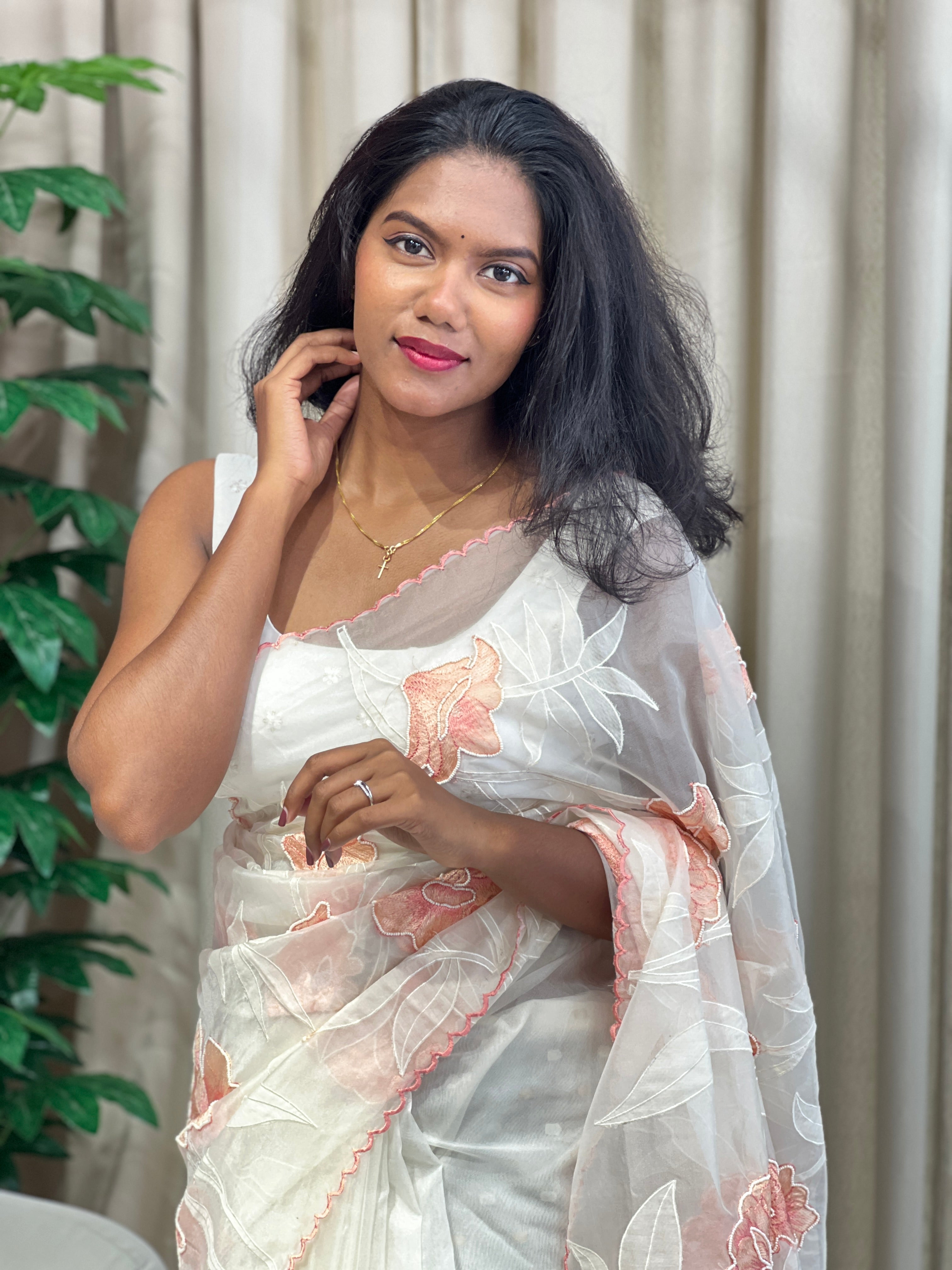 Floral Applique With Sugar Beads Highlighted Organza Saree | MM273