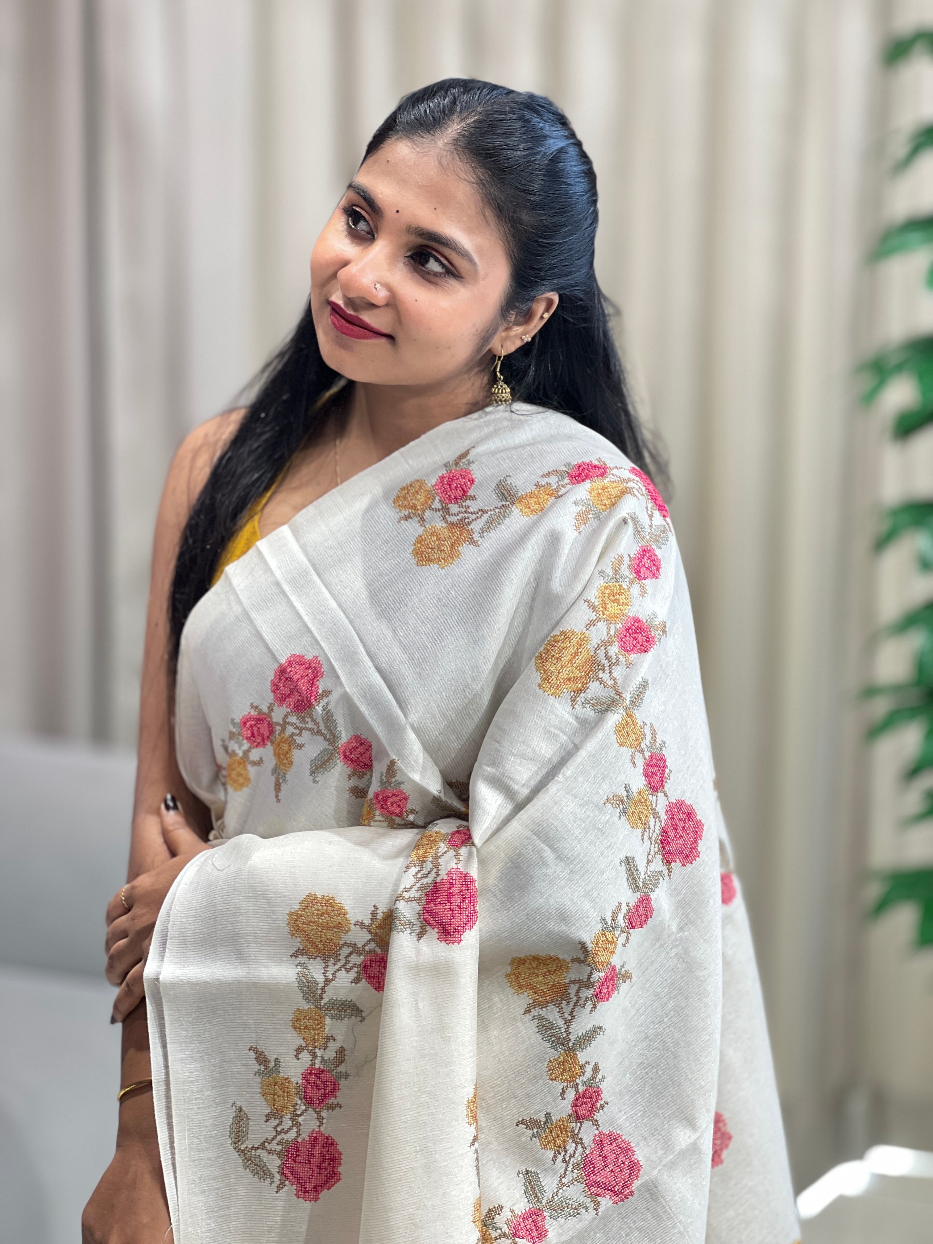 Floral Cross Stitch Embroidery Detailed Tussar Saree | HS1287