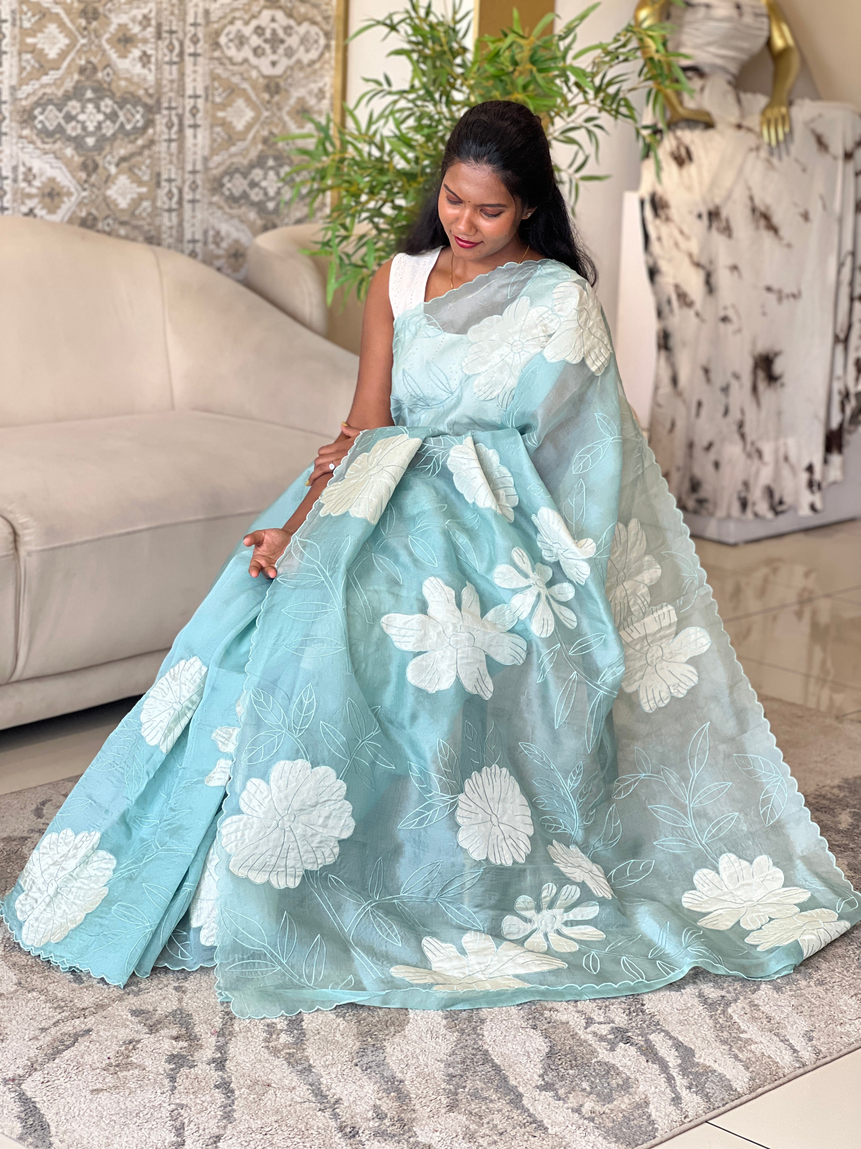 Floral Applique Detailed Pure Organza Saree | MM198