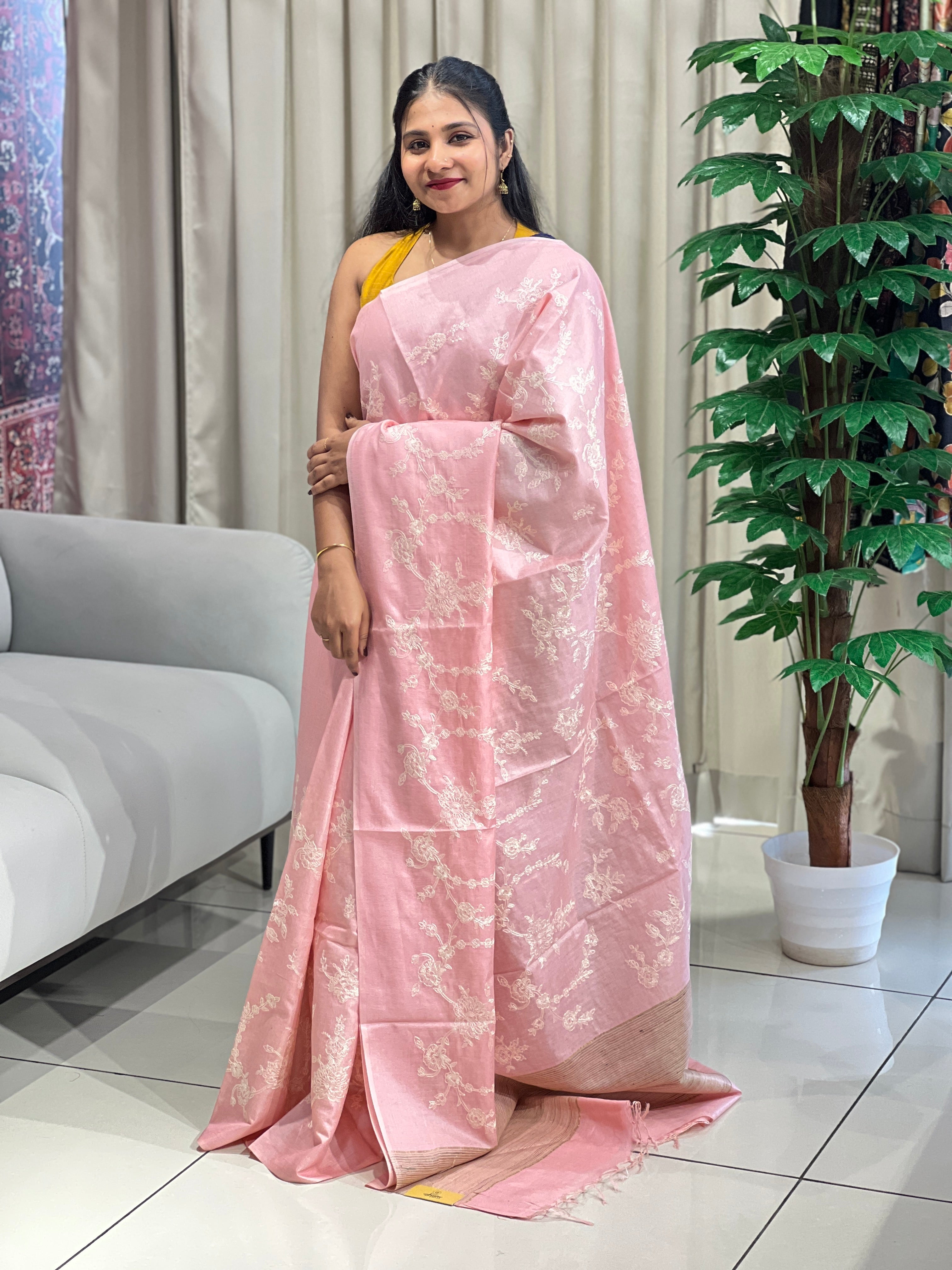 Lucknowi Inspired Jaal Embroidery detailed Noil Tussar Saree | HS1296
