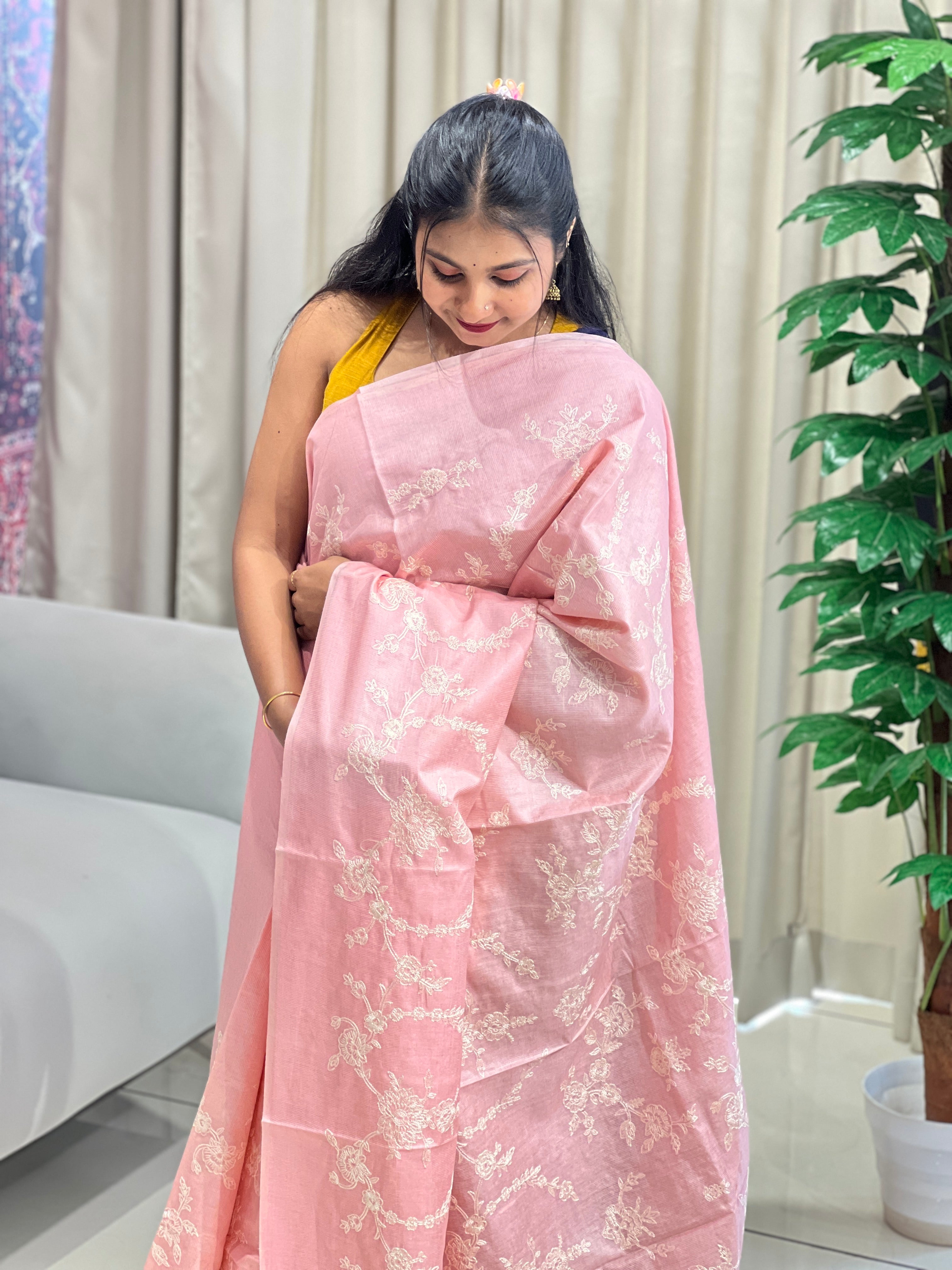 Lucknowi Inspired Jaal Embroidery detailed Noil Tussar Saree | HS1296