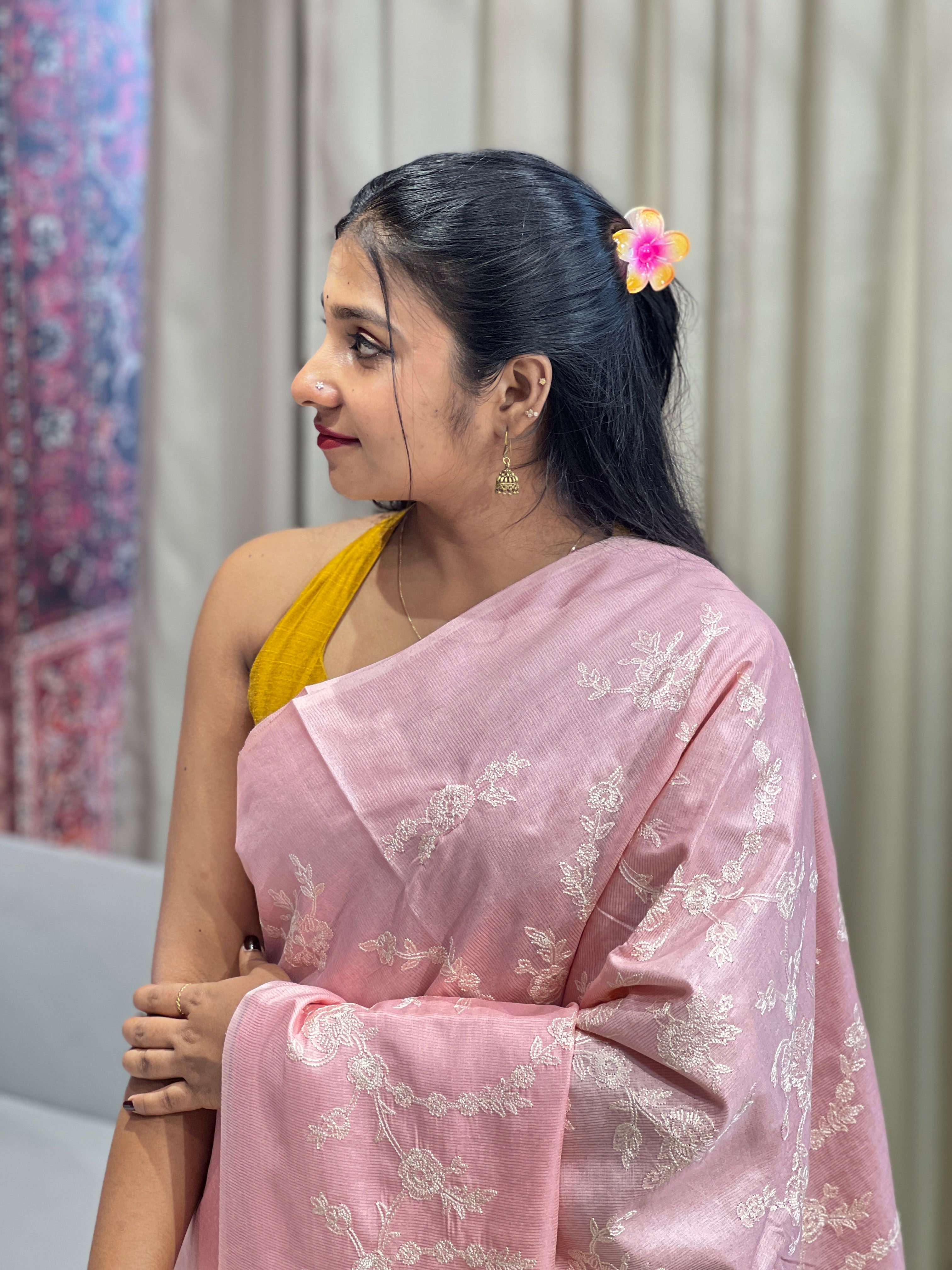 Lucknowi Inspired Jaal Embroidery detailed Noil Tussar Saree | HS1296