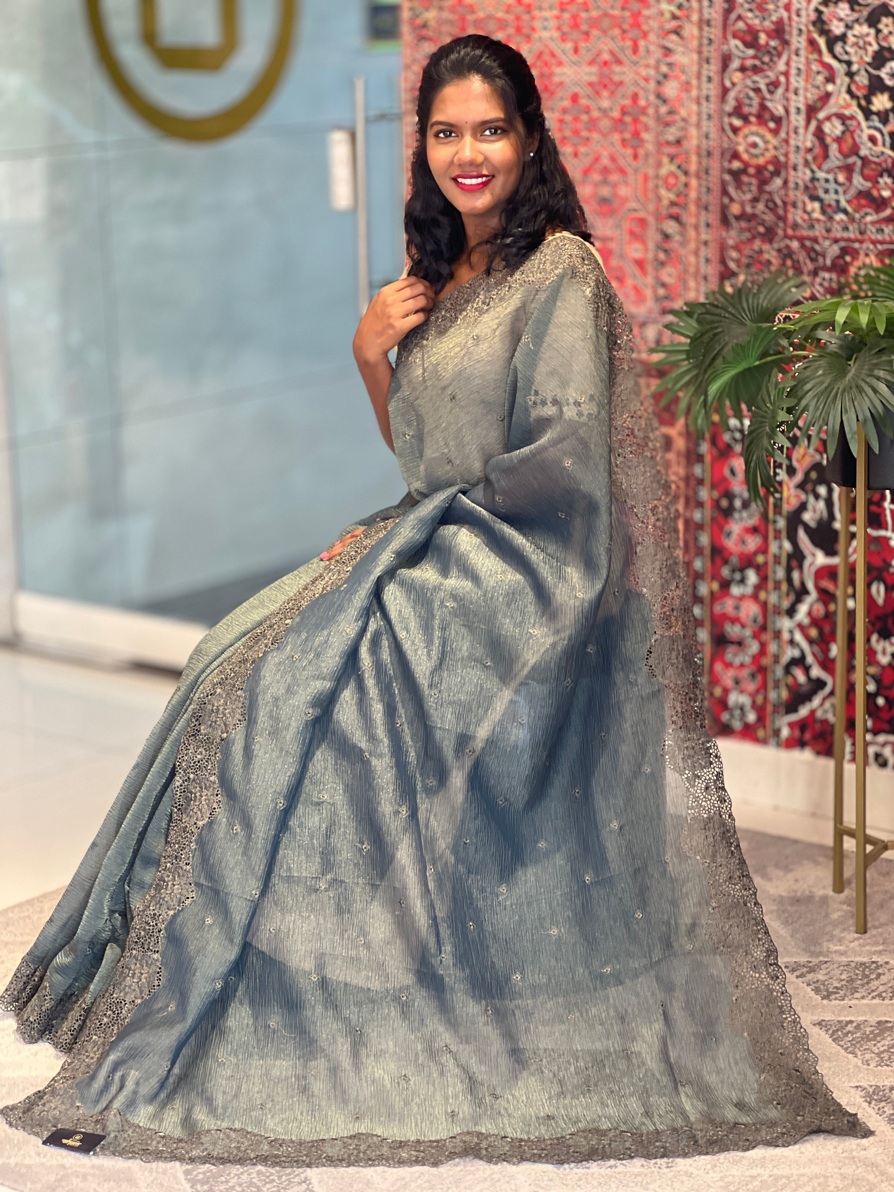 Cut Work Border Detailed Crushed Organza Saree | SBP724