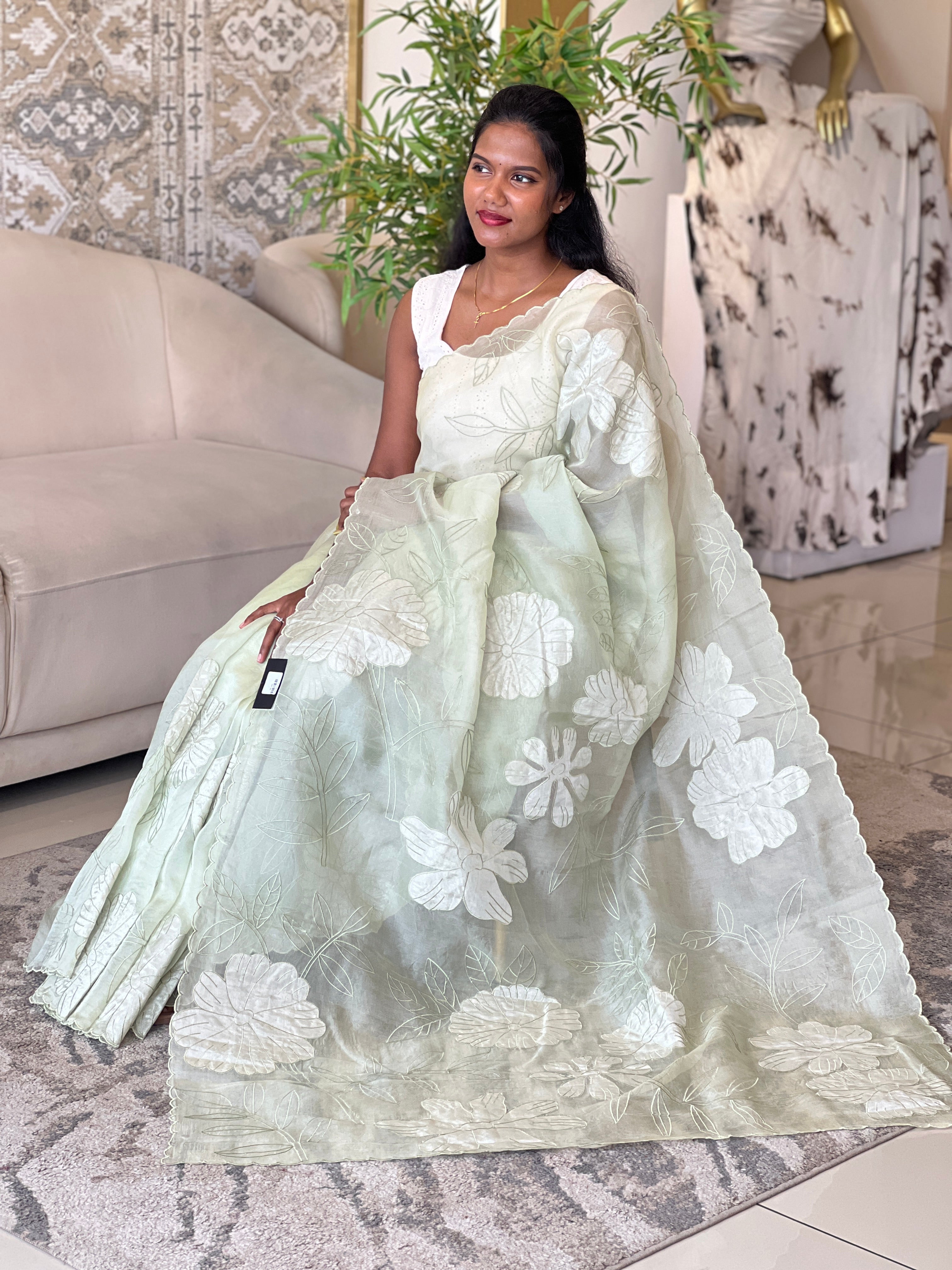 Floral Applique Detailed Pure Organza Saree | MM199