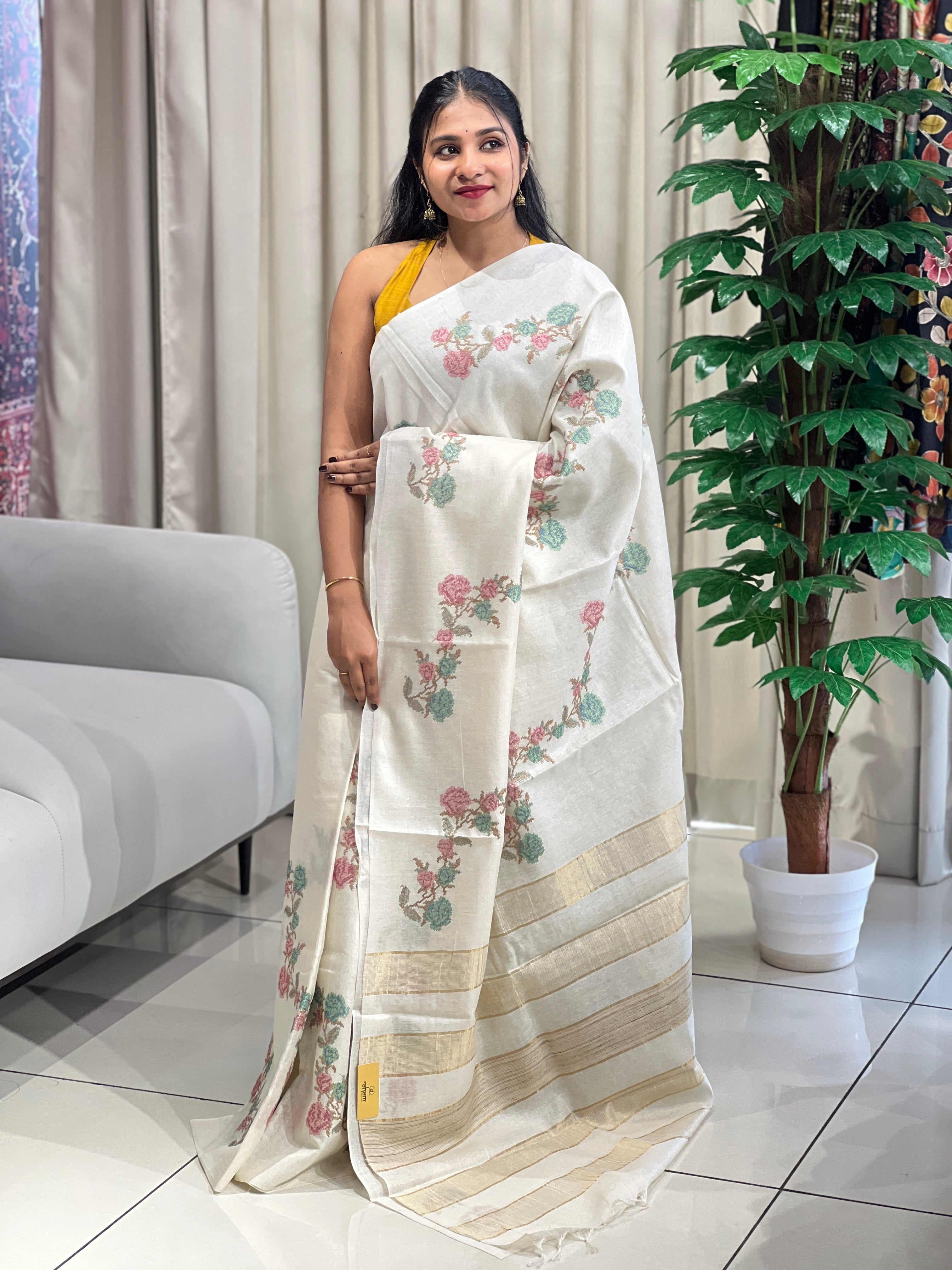 Floral Cross Stitch Embroidery Detailed Tussar Saree | HS1288