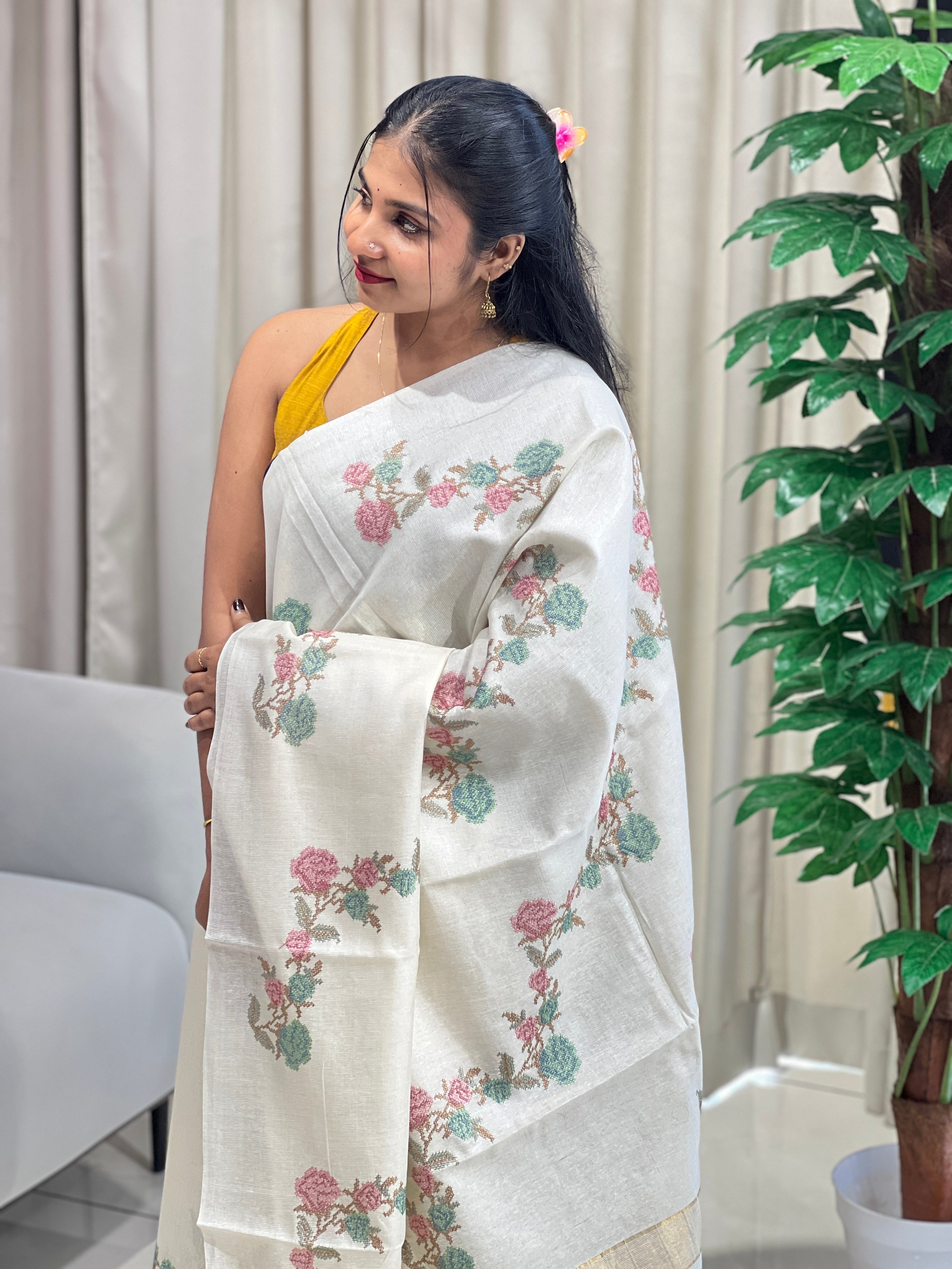 Floral Cross Stitch Embroidery Detailed Tussar Saree | HS1288