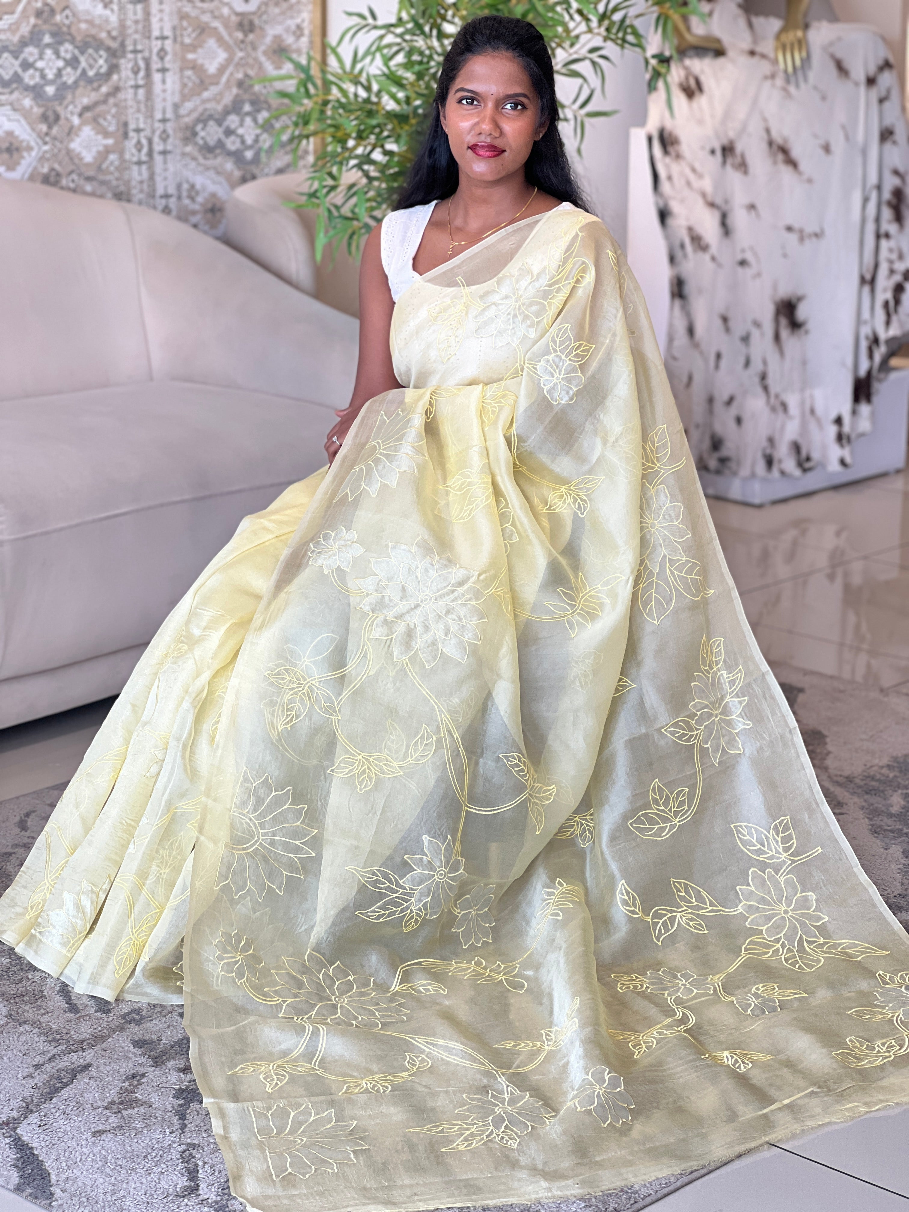 Floral Applique Detailed Pure Organza Saree | MM179