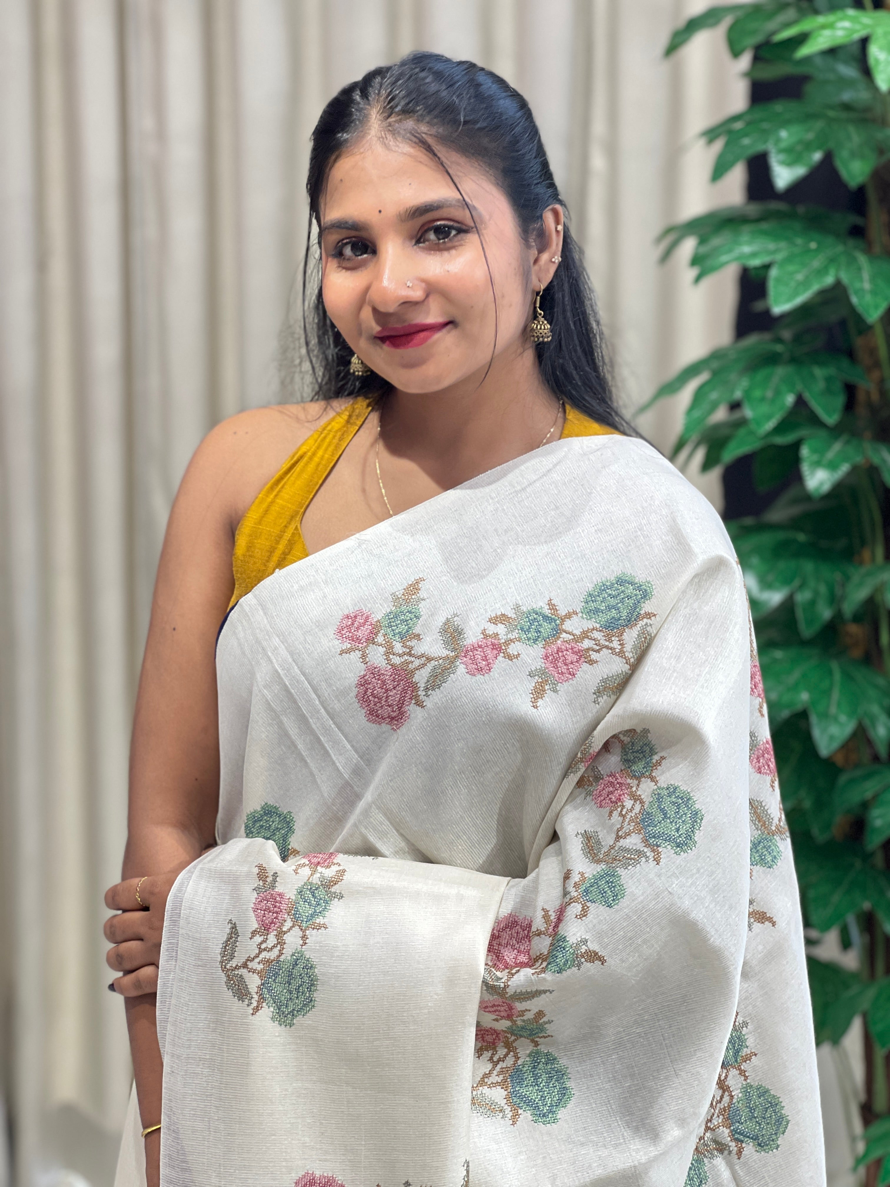 Floral Cross Stitch Embroidery Detailed Tussar Saree | HS1288