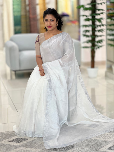 Stone Sticking Worked Crushed Organza Saree | SBP314
