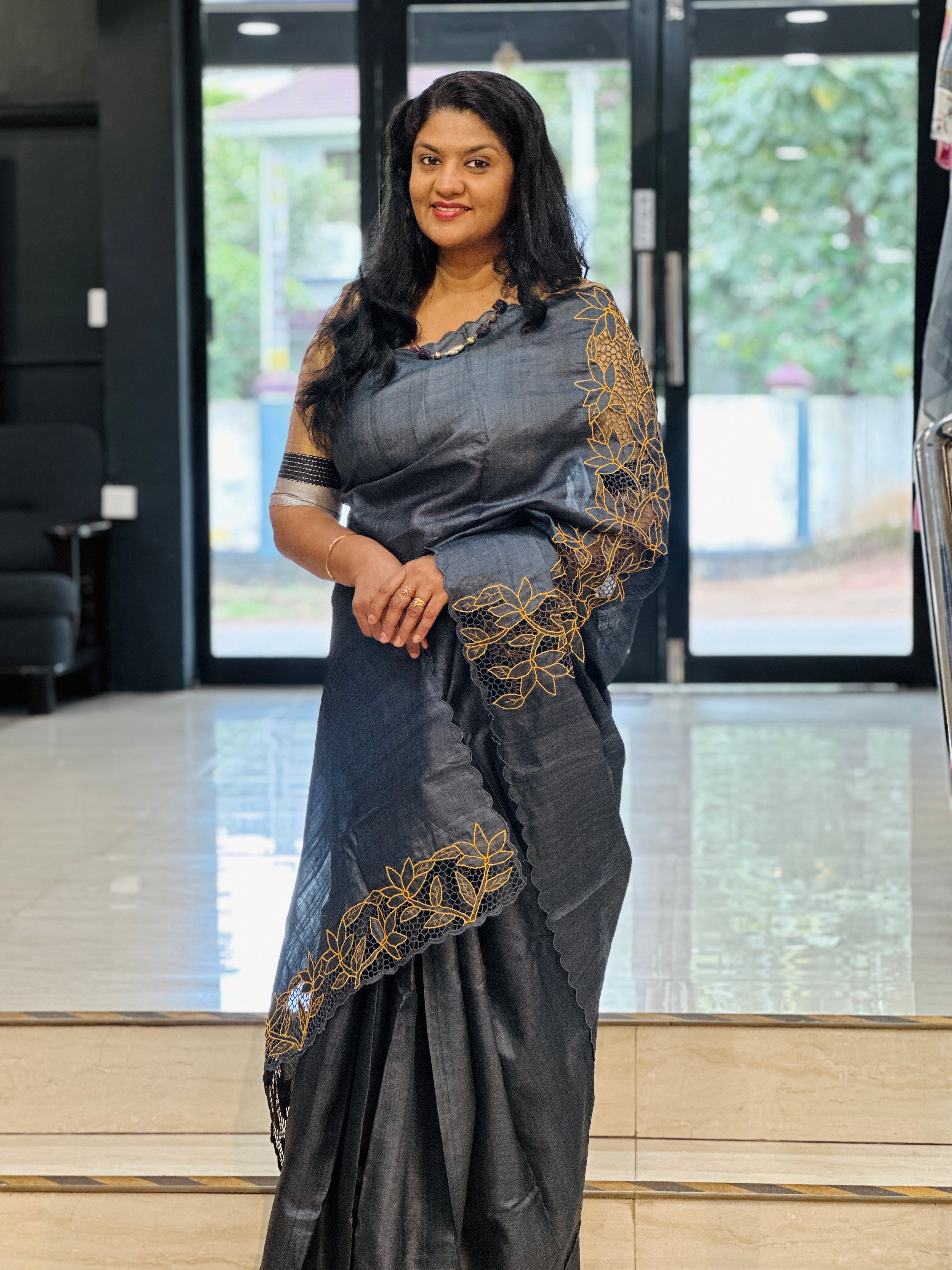 Leaf Pattern Twine Cut Work Desi Tussar Saree | TC509