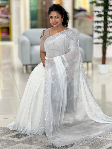 Stone Sticking Worked Crushed Organza Saree | SBP315