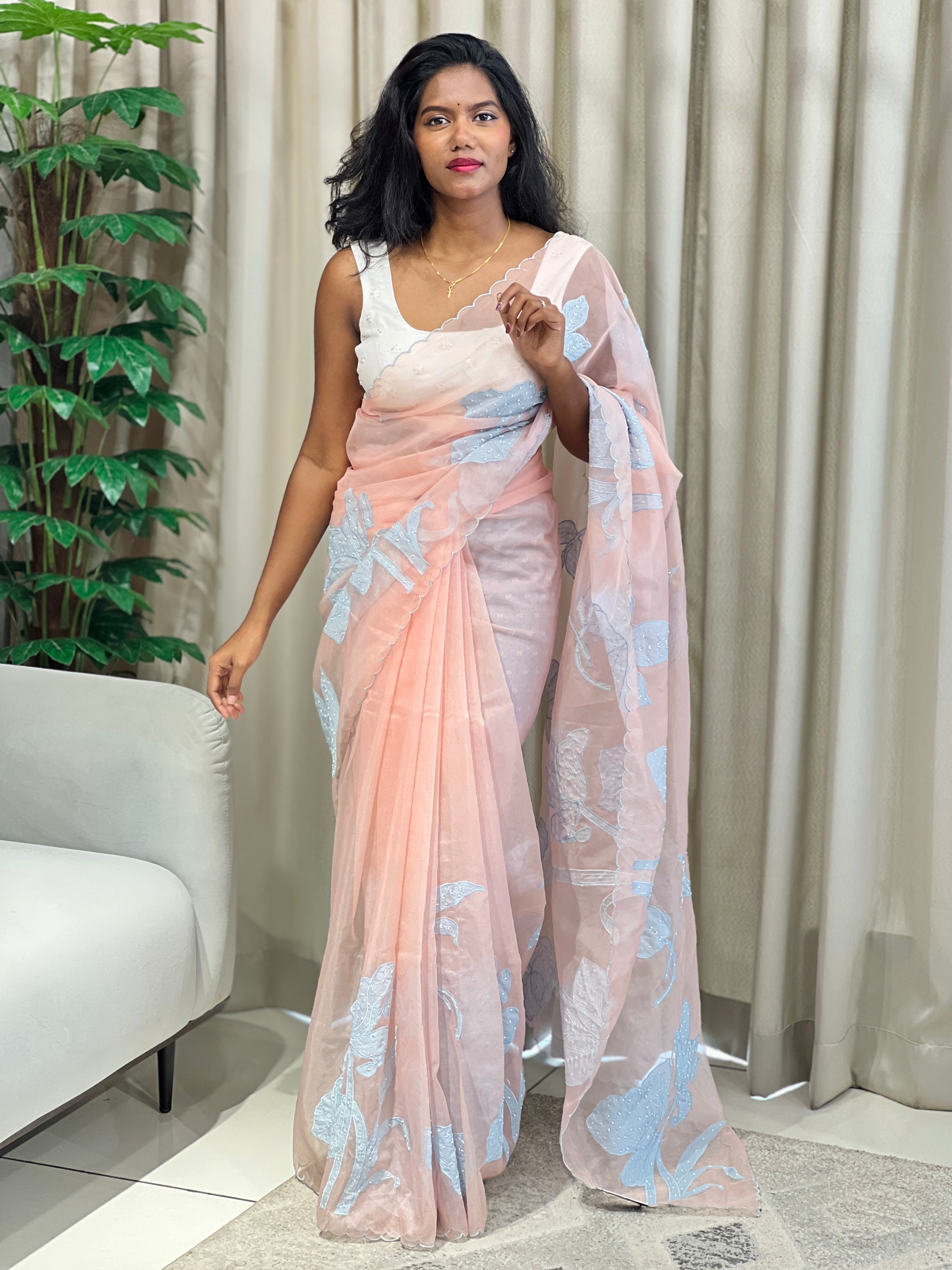 Applique Embroidery With Sugar Beads Highlighted Organza Saree | MM271