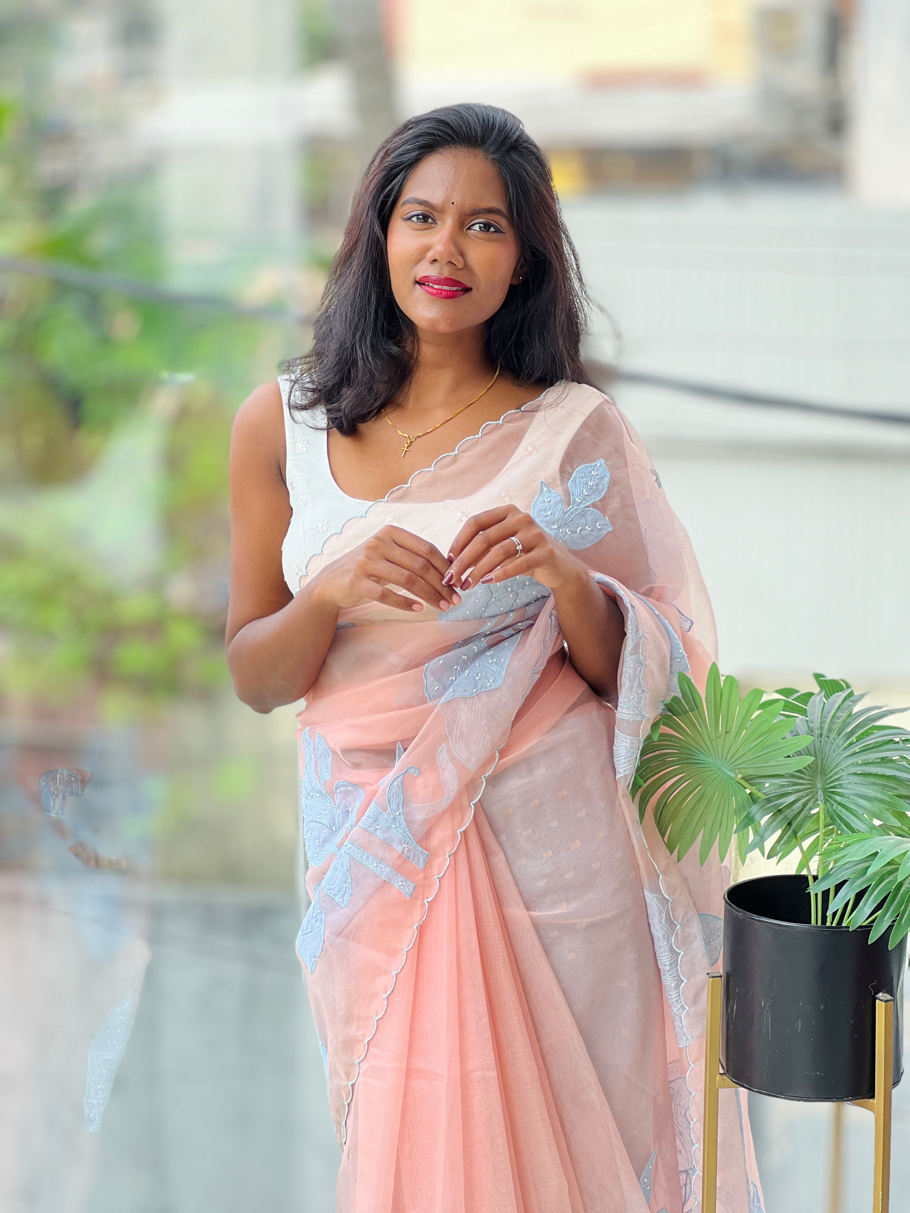 Applique Embroidery With Sugar Beads Highlighted Organza Saree | MM271