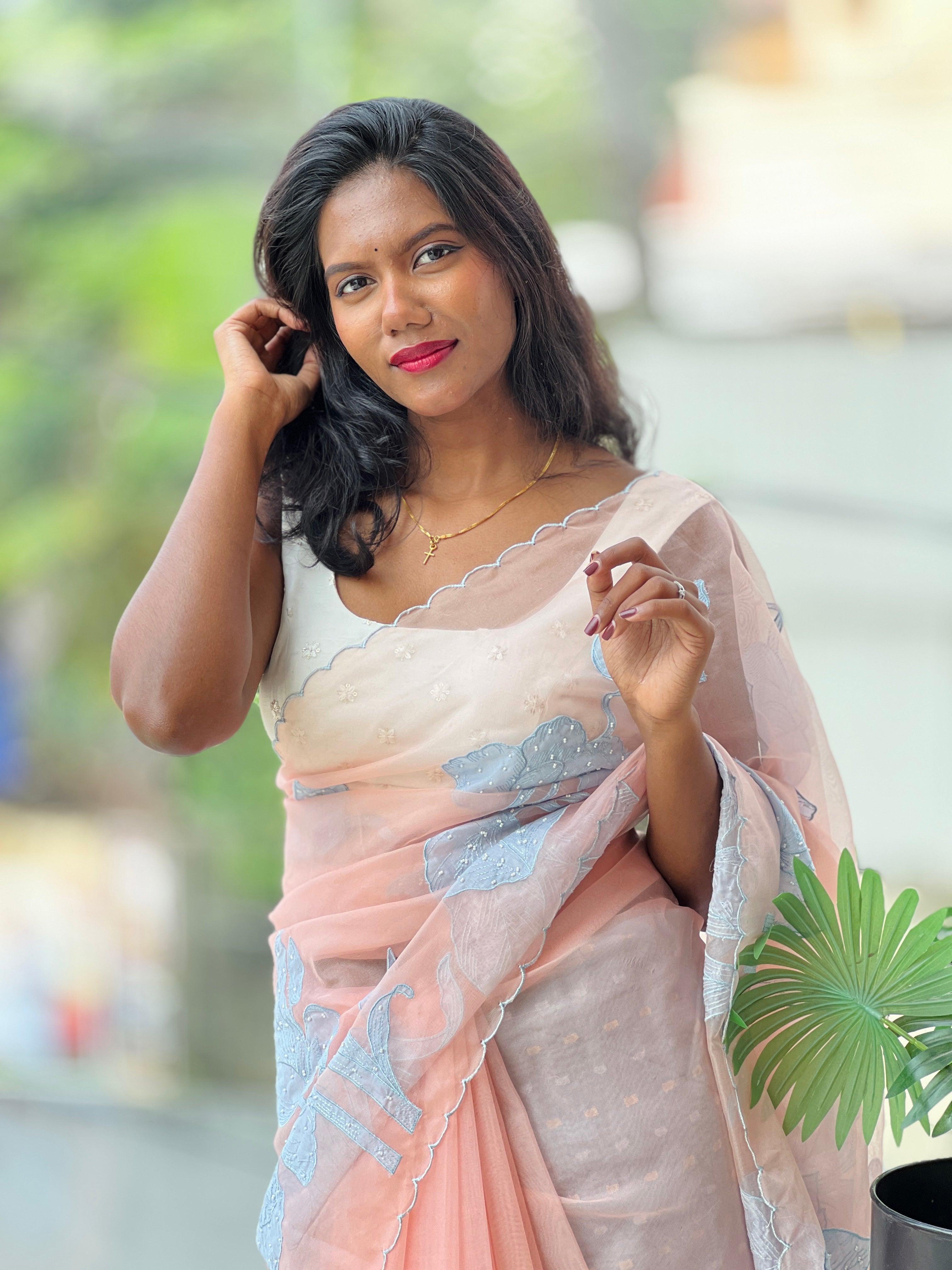 Applique Embroidery With Sugar Beads Highlighted Organza Saree | MM271