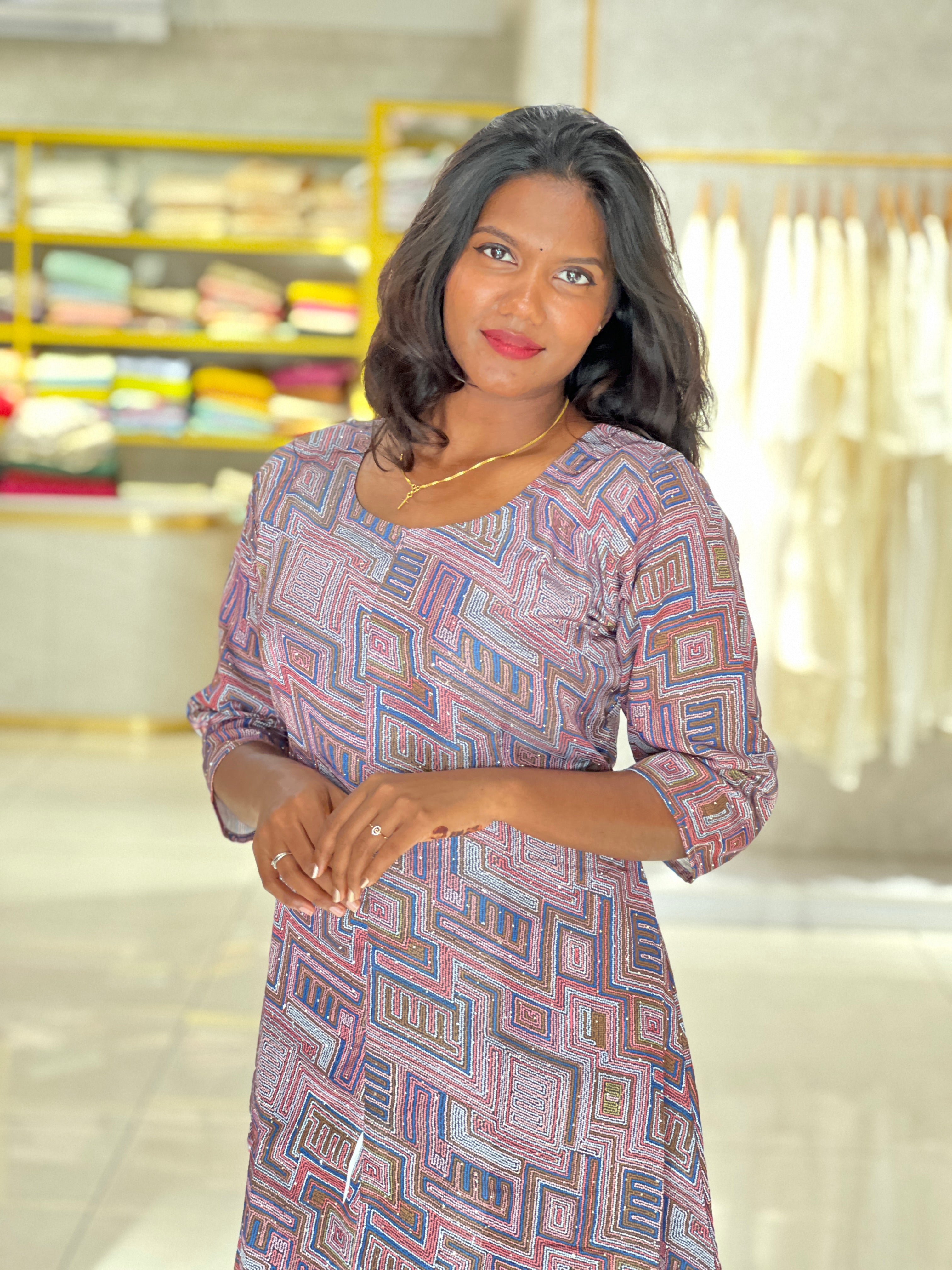 Geometric Printed Pattern Semi Silk A Line Kurta | RMLA364