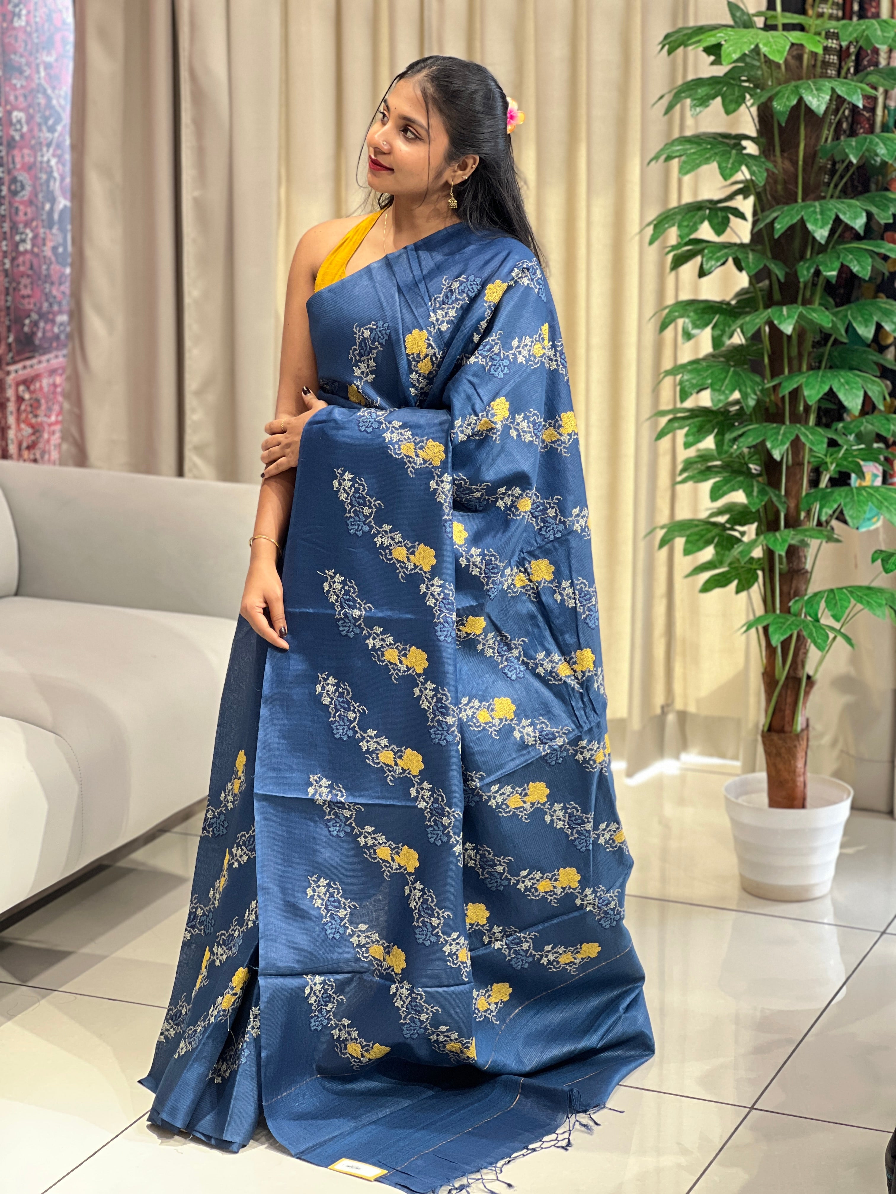 Floral Cross Stitch Embroidery Detailed Tussar Saree | HS1286