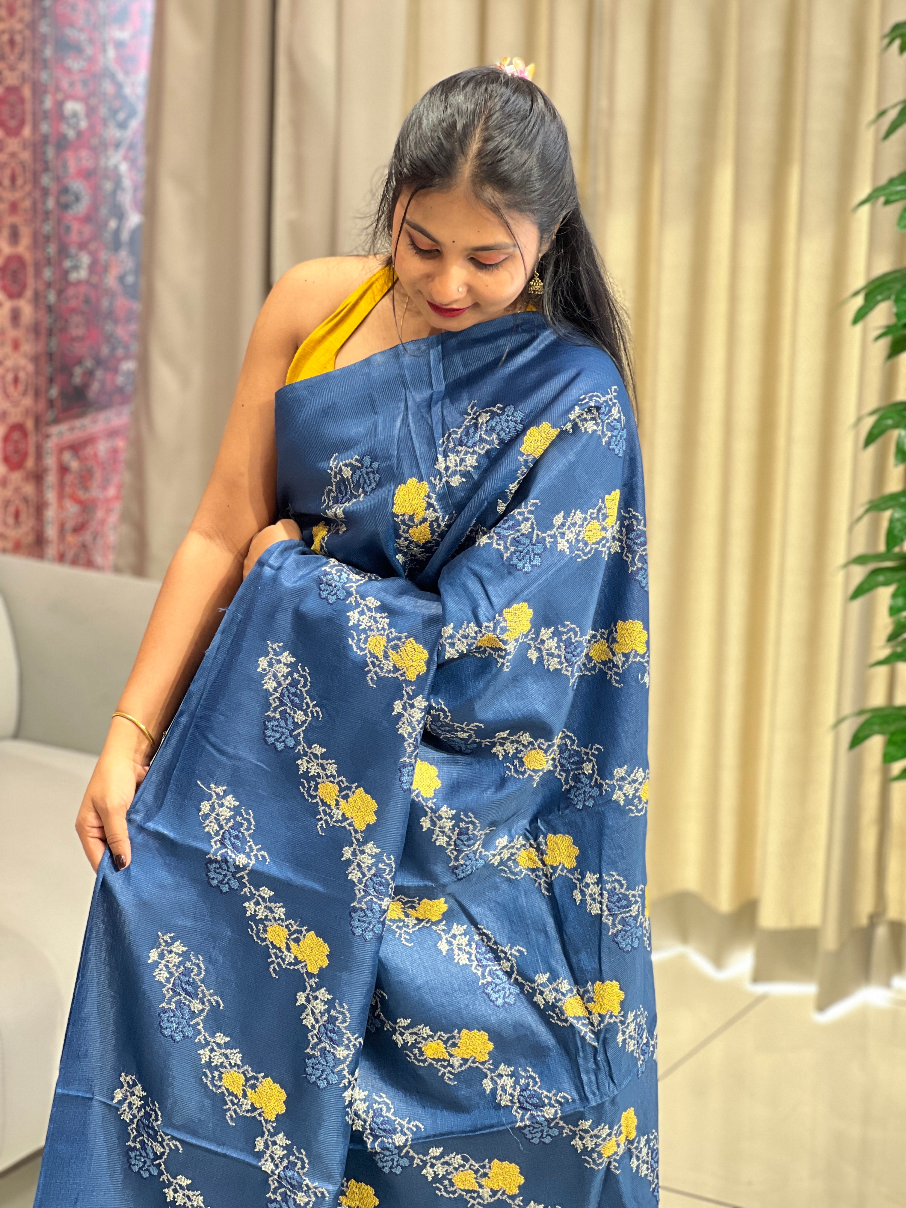 Floral Cross Stitch Embroidery Detailed Tussar Saree | HS1286