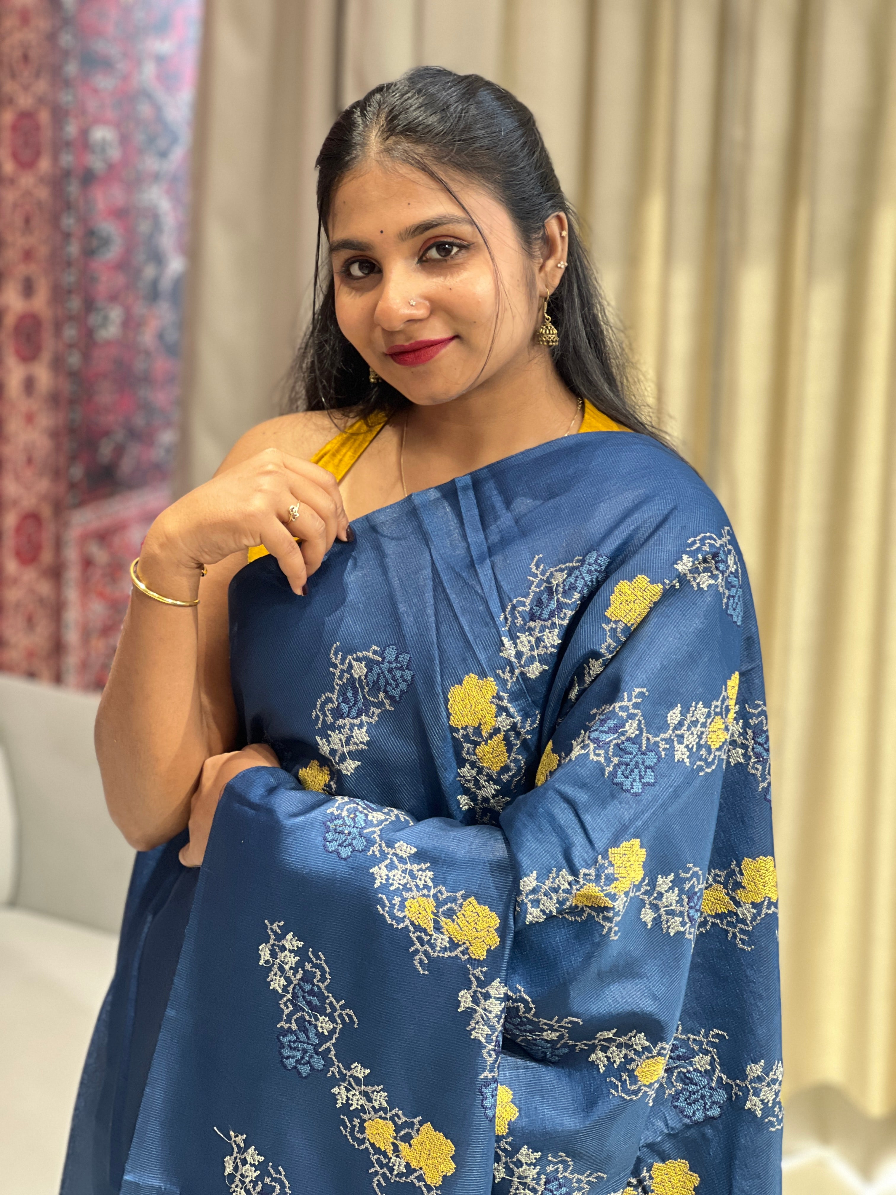 Floral Cross Stitch Embroidery Detailed Tussar Saree | HS1286