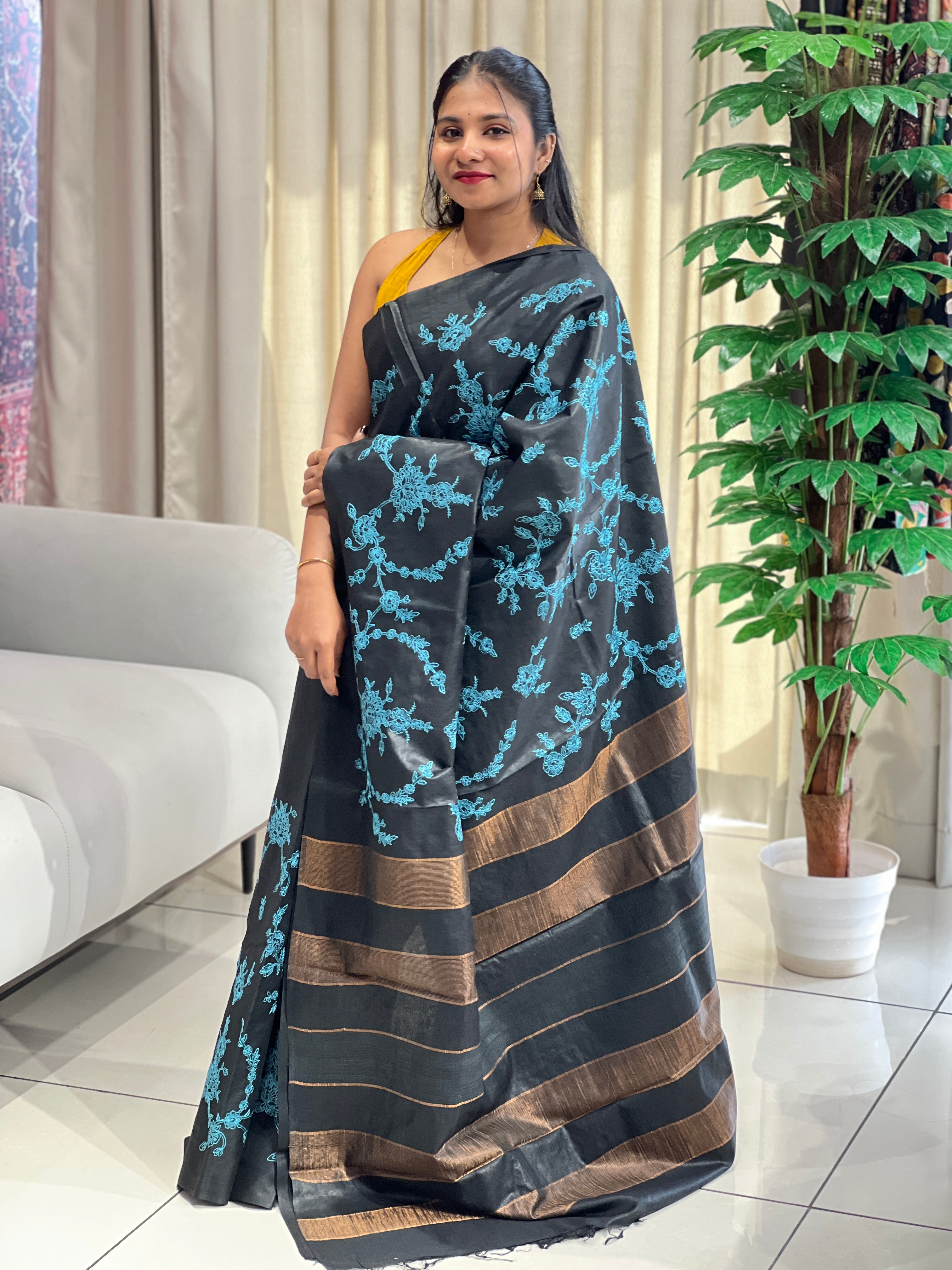 Lucknowi Inspired Jaal Embroidery detailed Noil Tussar Saree | HS1304