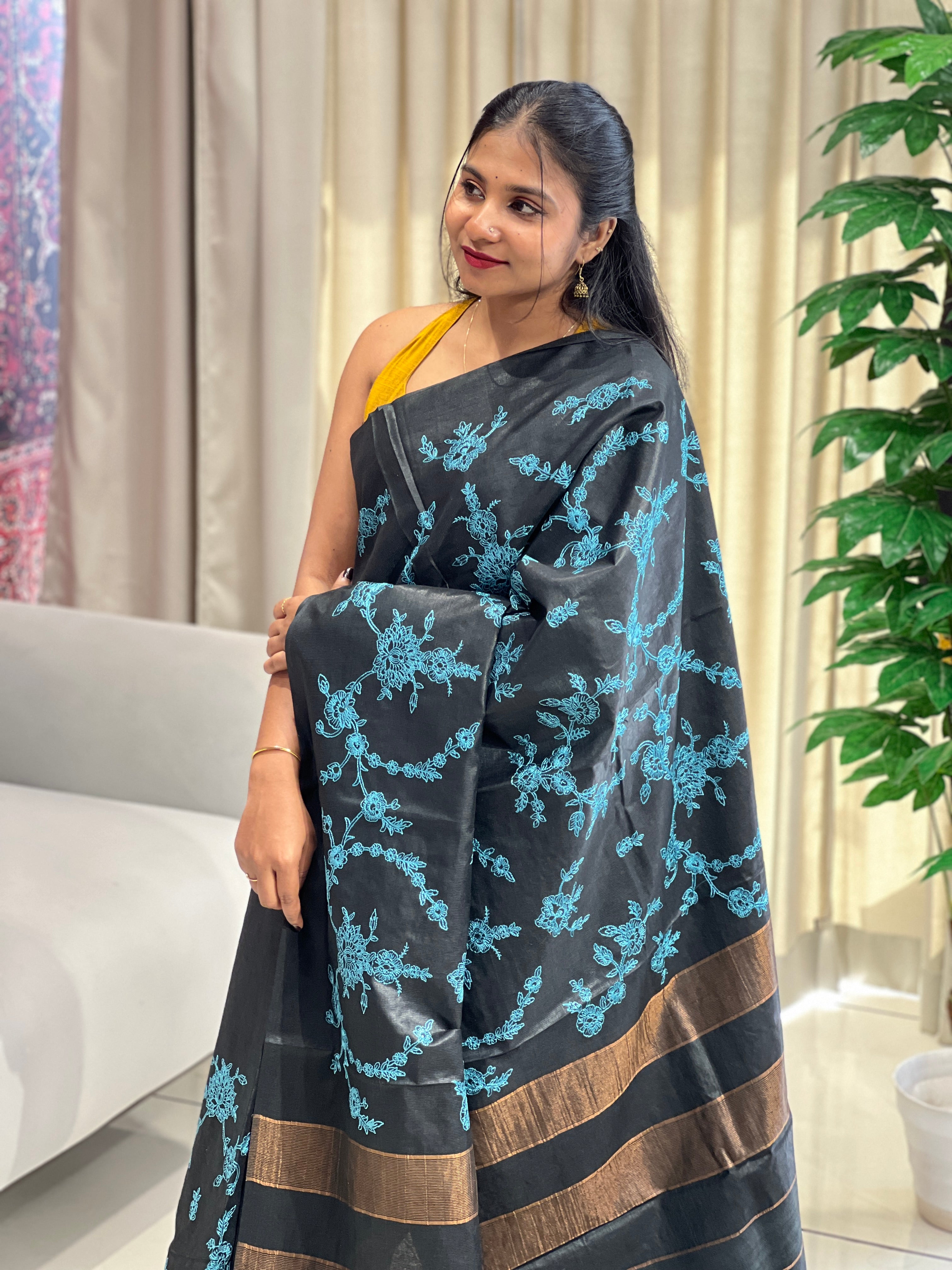 Lucknowi Inspired Jaal Embroidery detailed Noil Tussar Saree | HS1304