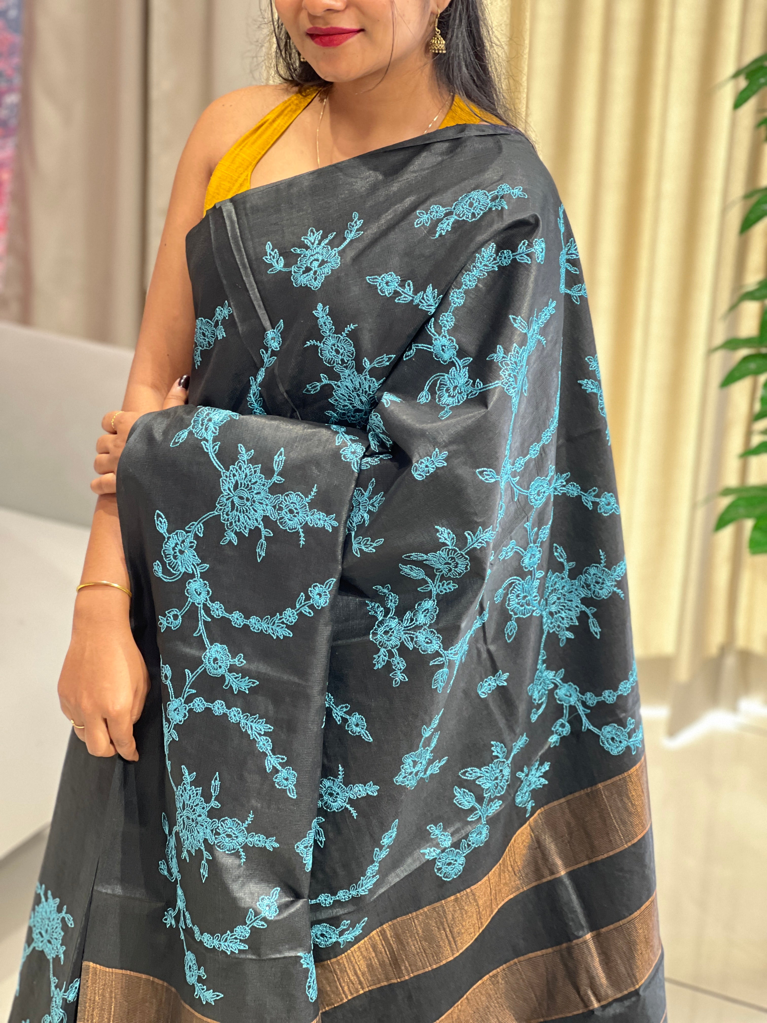 Lucknowi Inspired Jaal Embroidery detailed Noil Tussar Saree | HS1304